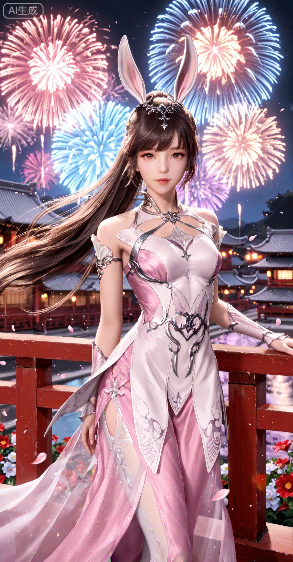 masterpiece,best quality,amazing quality,very aesthetic,high resolution,ultra-detailed,absurdres,photorealistic,(looking at viewer:1.1),,animal ears,rabbit ears,long hair,ponytail,brown eyes,metal collar,brown hair,1girl,collar,hair ornament,dress,solo,pink dress,
flowers,petals,wind,night,fireworks,east_asian_architecture,railing,from_side