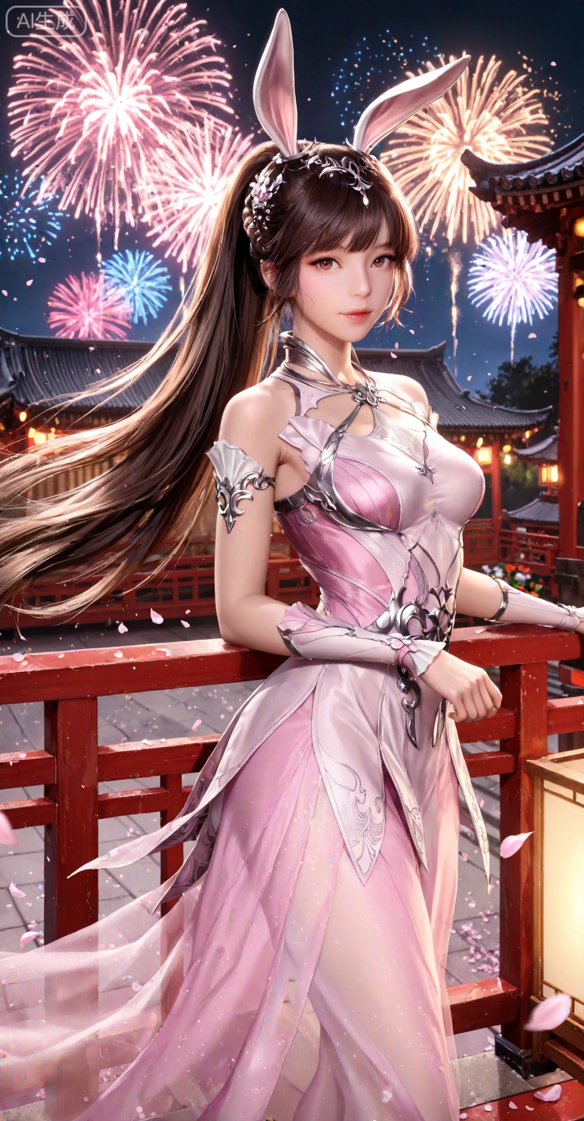 masterpiece,best quality,amazing quality,very aesthetic,high resolution,ultra-detailed,absurdres,photorealistic,(looking at viewer:1.1),,animal ears,rabbit ears,long hair,ponytail,brown eyes,metal collar,brown hair,1girl,collar,hair ornament,dress,solo,pink dress,
flowers,petals,wind,night,fireworks,east_asian_architecture,railing,from_side