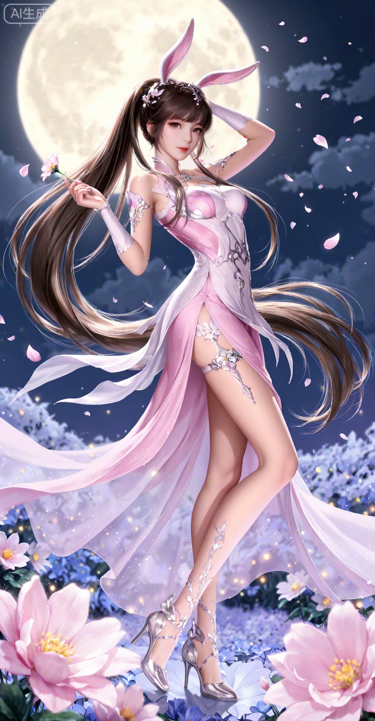 masterpiece,best quality,amazing quality,very aesthetic,high resolution,ultra-detailed,absurdres,photorealistic,(looking at viewer:1.1),,animal ears,rabbit ears,long hair,ponytail,brown eyes,brown hair,hair ornament,
xiaowu,1girl,flower,solo,long hair,moon,ponytail,dress,petals,falling petals,holding flower,night,hair ornament,high heels,brown hair,pink dress,full moon,very long hair,arm up,