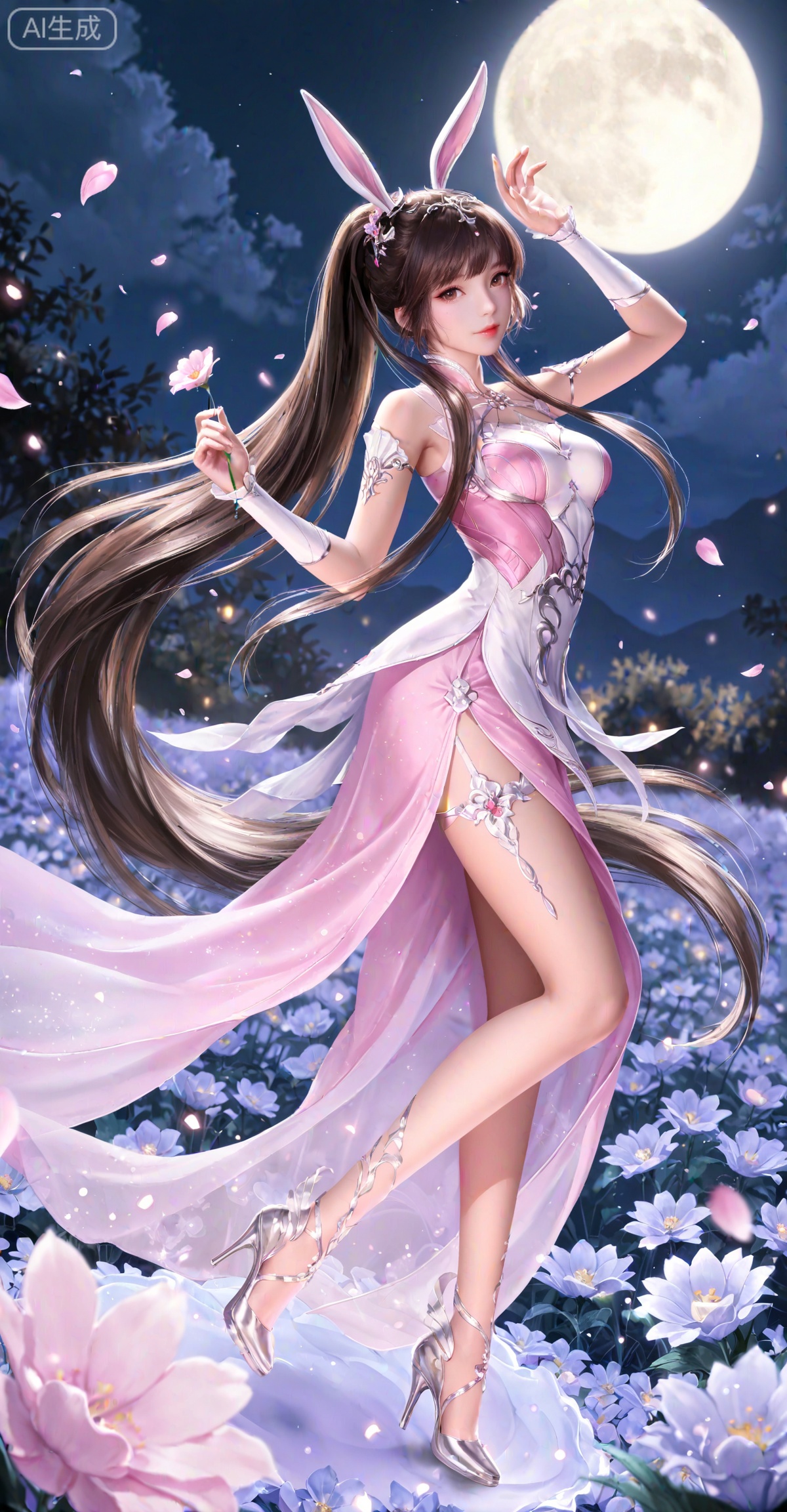 masterpiece,best quality,amazing quality,very aesthetic,high resolution,ultra-detailed,absurdres,photorealistic,(looking at viewer:1.1),,animal ears,rabbit ears,long hair,ponytail,brown eyes,brown hair,hair ornament,
xiaowu,1girl,flower,solo,long hair,moon,ponytail,dress,petals,falling petals,holding flower,night,hair ornament,high heels,brown hair,pink dress,full moon,very long hair,arm up,