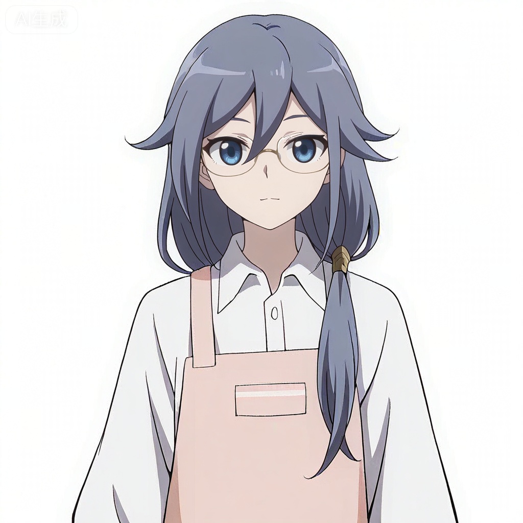masterpiece, best quality,solo,((white background:1.2)),simple background,, 
looking at viewer,anime_style,fu_hua,blue eyes,grey hair,hair ornament,hair between eyes,glasses,apron,shirt,white shirt,pink apron,collared shirt