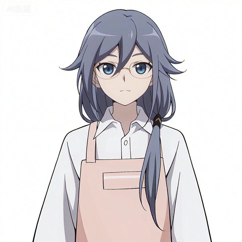 masterpiece, best quality,solo,((white background:1.2)),simple background,, 
looking at viewer,anime_style,fu_hua,blue eyes,grey hair,hair ornament,hair between eyes,glasses,apron,shirt,white shirt,pink apron,collared shirt