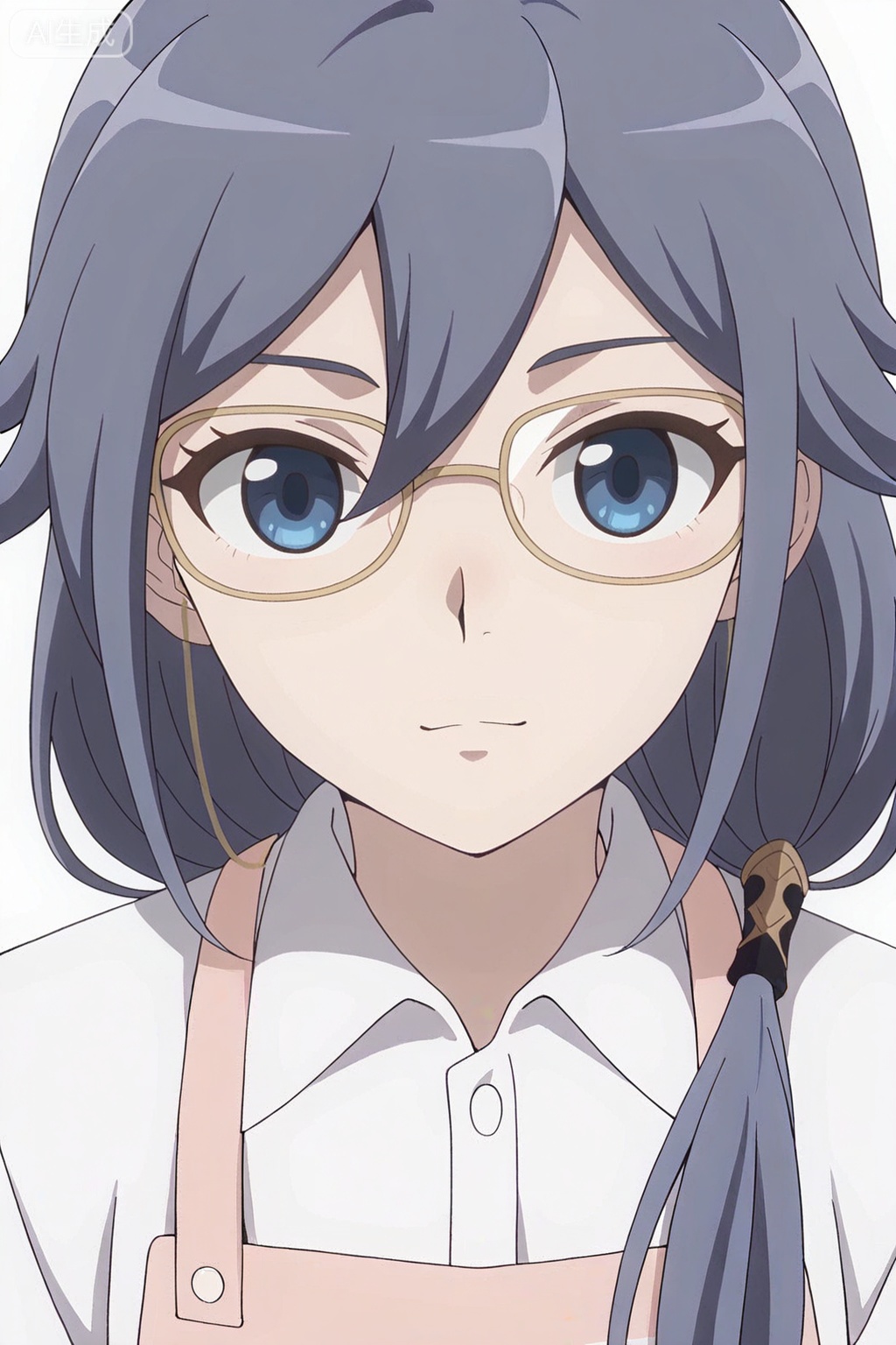 masterpiece, best quality,solo,((white background:1.2)),simple background,, 
looking at viewer,anime_style,fu_hua,blue eyes,grey hair,hair ornament,hair between eyes,glasses,apron,shirt,white shirt,pink apron,collared shirt