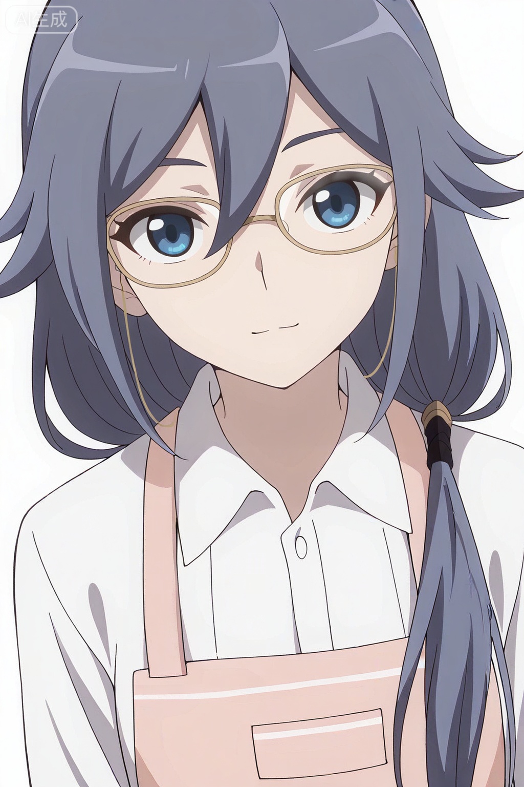 masterpiece, best quality,solo,((white background:1.2)),simple background,, 
looking at viewer,anime_style,fu_hua,blue eyes,grey hair,hair ornament,hair between eyes,glasses,apron,shirt,white shirt,pink apron,collared shirt