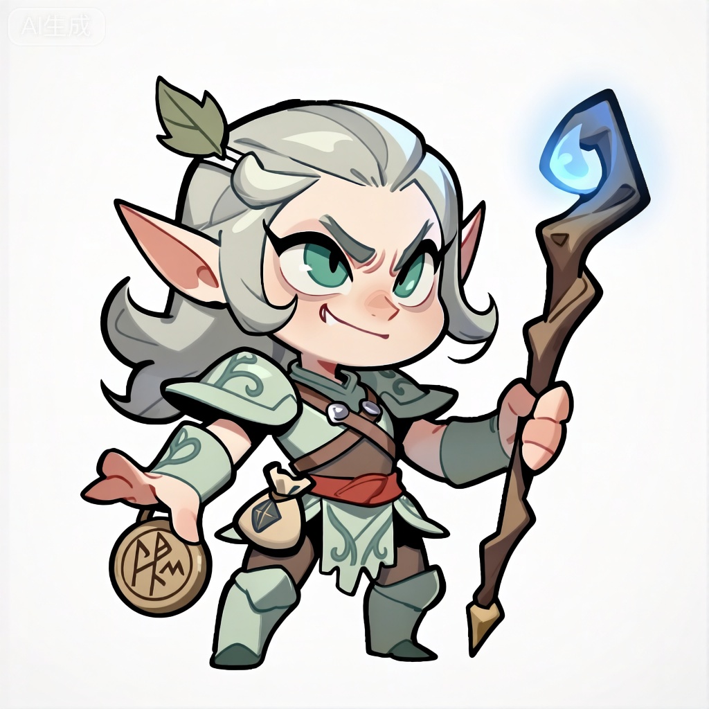 CMB,该图像刻画了一个带着狡黠神情的精灵风格小精灵。小精灵的银发随意地束在脑后,发丝间别着一枚小巧的树叶形状的发饰。它的眼睛犹如深邃的湖水,呈碧绿色,脸上带着一抹若有若无的坏笑,仿佛正谋划着什么小恶作剧。小精灵身着一套轻盈的皮甲,包括护胸、护腕和护膝,均为淡绿色,上面有着精致的藤蔓花纹。一条红色的腰带系在腰间,腰带上挂着一个小巧的魔法袋。它的右手拿着一个魔法棒,魔法棒顶端闪烁着蓝色的光芒,左手则握着一个圆形的护符,护符上刻着神秘的符文。背景是简单的纯白色,这使得小精灵显得格外灵动。整体风格可爱、俏皮,典型的精灵艺术,特征鲜明,外观线条流畅、圆润。

