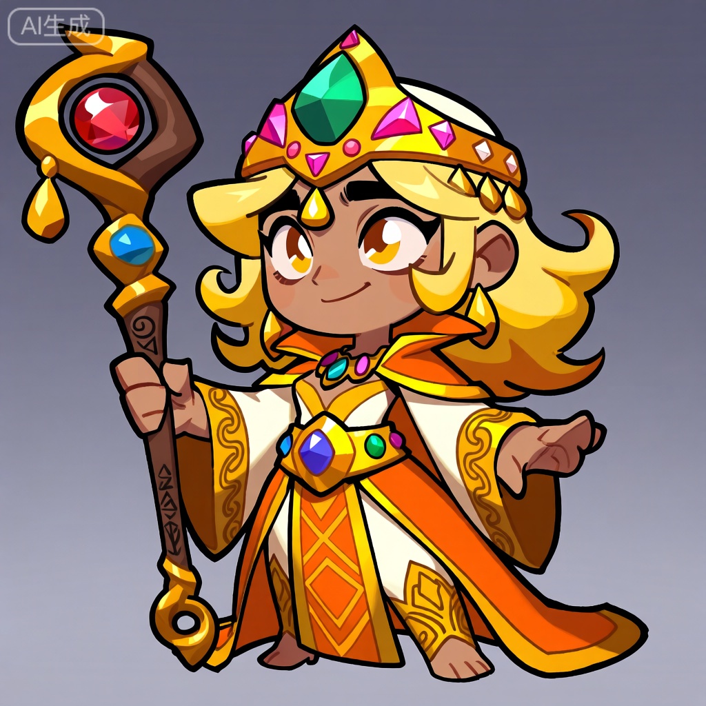 CMB,该图像描绘了一个异域风格的角色,眼神灵动,其特点是大而明亮的眼睛和微微上扬的嘴角,带着一抹神秘的微笑。角色一头金黄色的卷发,随意地披散在肩膀上,几缕发丝在微风中轻轻飘动。该角色戴着华丽的彩色头饰,顶部是一颗巨大的绿色宝石,周围点缀着粉色和黄色的水晶,头饰边缘有金色的流苏垂下。该角色穿着传统的橙色和金色搭配的服装。外袍为橙色,带有金色的滚边,内衣为金色,绣有橙色的几何图案。一条宽大的金色腰带,上面镶嵌着多颗彩色宝石,将长袍系在腰间。这套服装的袖口和下摆处都有复杂的金色花纹,从手腕一直延伸到脚踝。该角色的每只手都握着一根带有金色装饰的魔法权杖,权杖顶端是一颗红色的水晶球,权杖中部镶嵌着蓝色和绿色的宝石。这些权杖有棕色的握柄,握柄上刻有神秘的符文,权杖底部有一个小小的金色圆环。角色的手臂优雅地弯曲,举起权杖,散发出一种神秘而高贵的气息。整体设计融合了异域元素和传统美学,突出鲜艳的色彩和华丽的细节。

