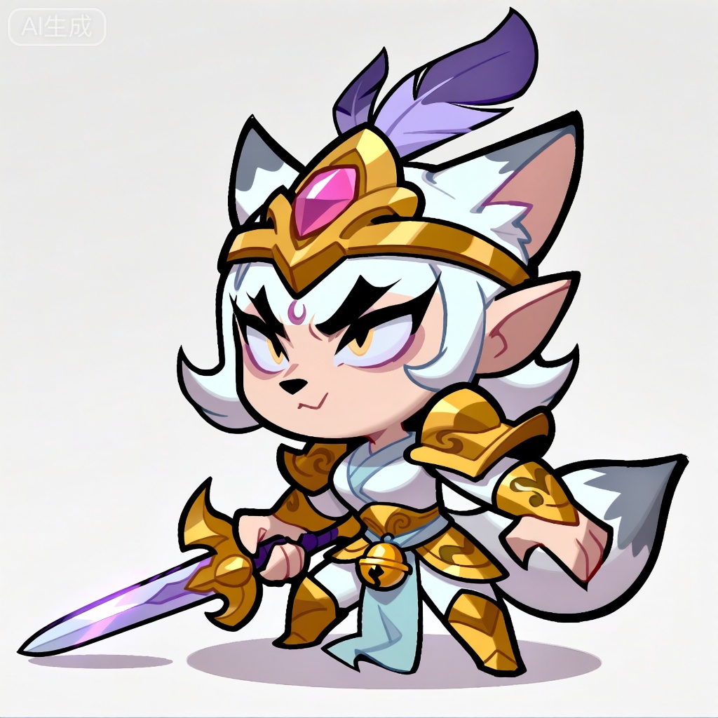 CMB,对灵动狐仙的风格化、卡通化描绘。这个角色有着独特夸张的特征,脑袋小巧却十分圆润,耳朵尖尖且高高竖起,眉毛如弯弯月牙却透着机灵劲儿,一双狭长的眼睛闪烁着狡黠又坚定的光芒。狐仙戴着精致的金色头饰,上面镶嵌着粉色宝石,顶部还装饰着随风飘动的紫色羽毛,肩膀和前臂覆盖着带有狐纹图案的金色护甲。腰间系着一条轻盈的淡蓝色飘带,飘带下方挂着一个小巧的金色铃铛。角色右手紧握着一把紫色剑柄的金色长剑,剑身细长且闪烁着神秘光芒,剑刃斜放在角色身前的地面上。背景为素色的纯白色,整体风格大胆且充满动感,着重凸显角色的灵动与敏捷。

