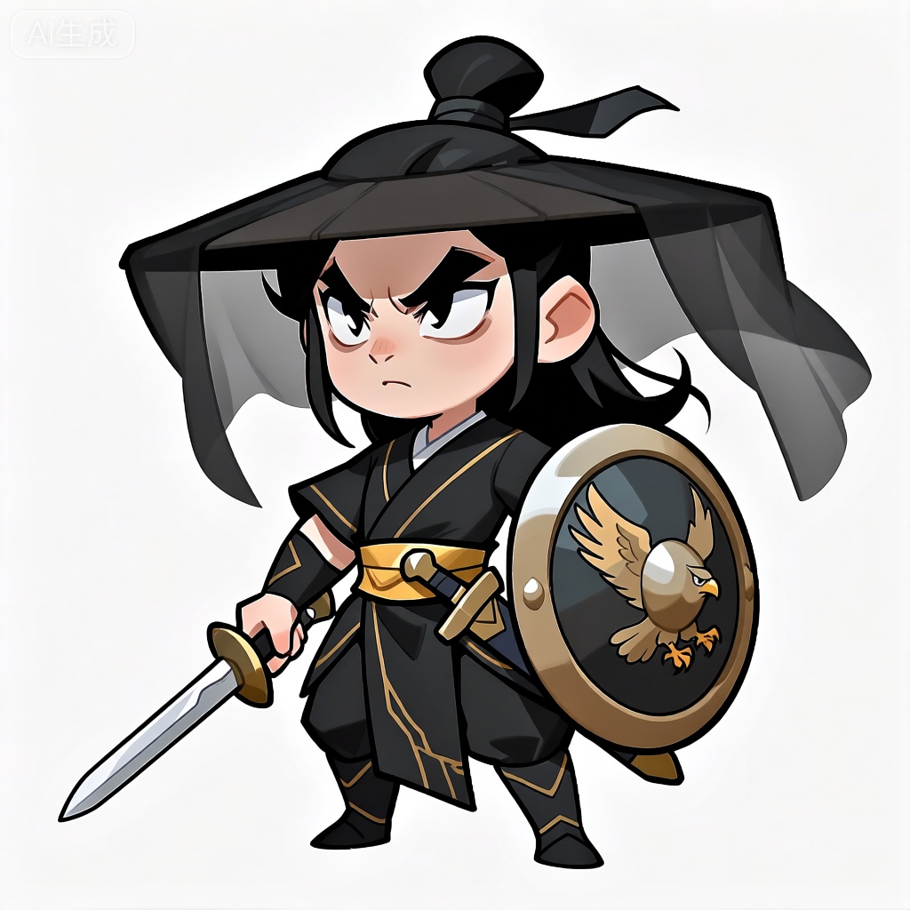 CMB,该图像呈现了一个带着坚毅神情的武侠风格小侠客。小侠客的乌黑长发高高束起,用一根黑色的发带固定,头上戴着一顶黑色的斗笠,斗笠边缘垂下一圈黑色的薄纱。他的眼睛明亮而锐利,如同寒星,脸上带着一丝冷峻,透露出一种历经江湖风雨的沧桑感。小侠客穿着一套黑色的劲装,包括上衣、护臂和护腿,衣服上有着暗金色的线条装饰,显得格外英武。一条金色的腰带束在腰间,腰间还挂着一把短剑。他的右手紧握着剑柄,左手则拿着一个圆形的盾牌,盾牌上绘着一只展翅欲飞的雄鹰,线条刚劲有力。背景是简单的纯白色,这使得小侠客的形象更加突出。整体风格帅气、硬朗,典型的武侠艺术,特征夸张,外观简洁、大气。

