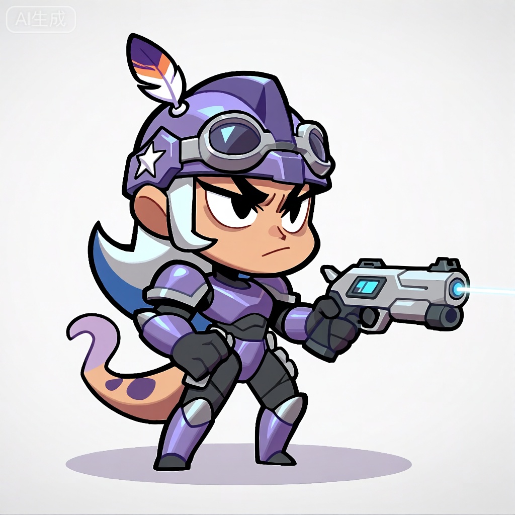 CMB,该图像呈现了一个风格独特的拟人化卡通形象。此角色身形修长且敏捷,四肢线条流畅,肌肉紧实。肤色呈暖杏色,面部表情透着机警,双眼睁大,目光锐利,仿佛时刻准备应对突发状况。角色头戴紫色的尖角头盔,头盔右侧插着一根彩色羽毛,似在传达某种神秘信息。头盔配有护目镜,前方还有一块带有星形图案的面板。角色头部左侧头盔下方垂下一缕蓝白相间的长发,与整体色调形成鲜明反差。角色身着紫色铠甲,涵盖护胸、护肩和护腿,呈现出一种科幻的战斗风格。铠甲采用流线型设计,表面光滑,闪烁着金属冷光。角色的双腿穿着配套的紫色护甲,小腿处有银色的装饰条纹,增添了精致感。该角色手持一把造型前卫的银灰色激光手枪,配有小型的能量显示屏,握把上有蓝色装饰,单手握枪指向一侧。手枪设计简洁而富有科技感,枪口散发着微弱的光芒,暗示其强大的能量。角色的尾巴为浅紫色,带有深紫色的斑纹,在身后自然摆动,凸显出其独特的生物特征。背景是简单的白色,让角色成为视觉中心。角色在地面形成淡淡的阴影,增强了画面的立体感。整体风格简洁明快,线条流畅,色彩搭配和谐,是典型的现代数字艺术作品。

