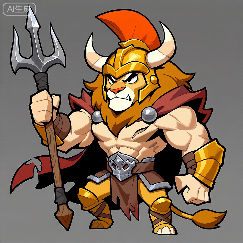 CMB,该图像描绘了一个肌肉贲张、拟人化的雄狮角色,其姿态尽显霸气、极具压迫感。雄狮身形魁梧壮硕,手臂与胸膛肌肉隆起、线条刚硬。它戴着一顶金黄色的鬃毛状头盔,将头部和耳朵完全覆盖,仅露出炯炯有神的眼睛和鼻子。鼻子呈橙红色,如同真实的狮子一般,有两个小巧的鼻孔,神情坚毅果决。雄狮的眼睛狭长且锐利,透露出愤怒与随时准备战斗的狠劲。它有一对巨大且弯曲的鬃毛状尖角从头盔顶端向外伸展。该角色身着一件破旧却威风凛凛的暗红色披风,随意地披挂在肩膀和后背,更增添了其王者般的威严气场。雄狮的右手紧握着一把巨大的三叉戟,木质的戟柄搭配着闪烁寒光的银色戟刃。左臂弯曲成拳,整个角色好似已经严阵以待,随时准备投入激烈的战斗。雄狮的服装包含金黄色裤子、棕色皮革样绑带以及大腿上的厚重盔甲。腰带上镶嵌着一个形似王冠的银色徽章,为其整体形象增添了一抹尊贵与不凡。整体风格卡通且风格化,线条粗犷豪放,色调简洁明快,赋予角色一种强烈且令人过目难忘的视觉冲击。

