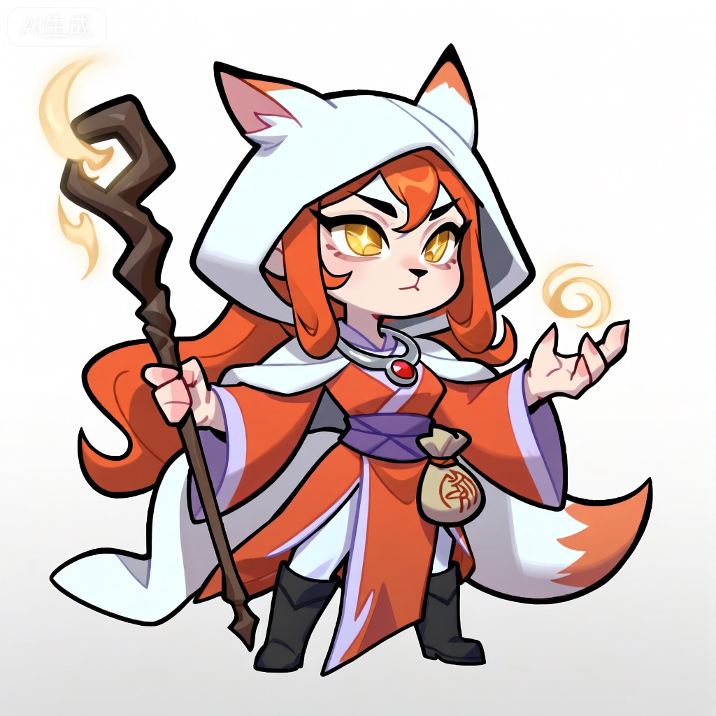 CMB,该图像具有风格化的仙侠狐妖风格角色,有着狐般的灵动。这个角色神情专注,拥有一双闪烁着金色光芒的狭长眼睛和垂落在肩头的橙红色长发,发尾微微卷曲。脖子上戴着一条精致的银色项链,坠子是一颗小巧的红色宝石。该角色身着带有淡紫色镶边的橙红色长袍,长袍随风轻轻飘动,脚蹬一双黑色靴子,腰间系着一条紫色的腰带。最引人注目的特征是头上戴着一顶白狐般的大兜帽,耳朵毛茸茸且尖尖的,鼻子小巧而粉嫩。角色右手持着一把散发着幽光的法杖,左手捏着一个法诀,似在施展法术。装着符咒的锦囊绑在腰侧。背景是简洁的纯白色,使得角色仿佛从仙境中走来,凸显出角色的神秘与专注。



