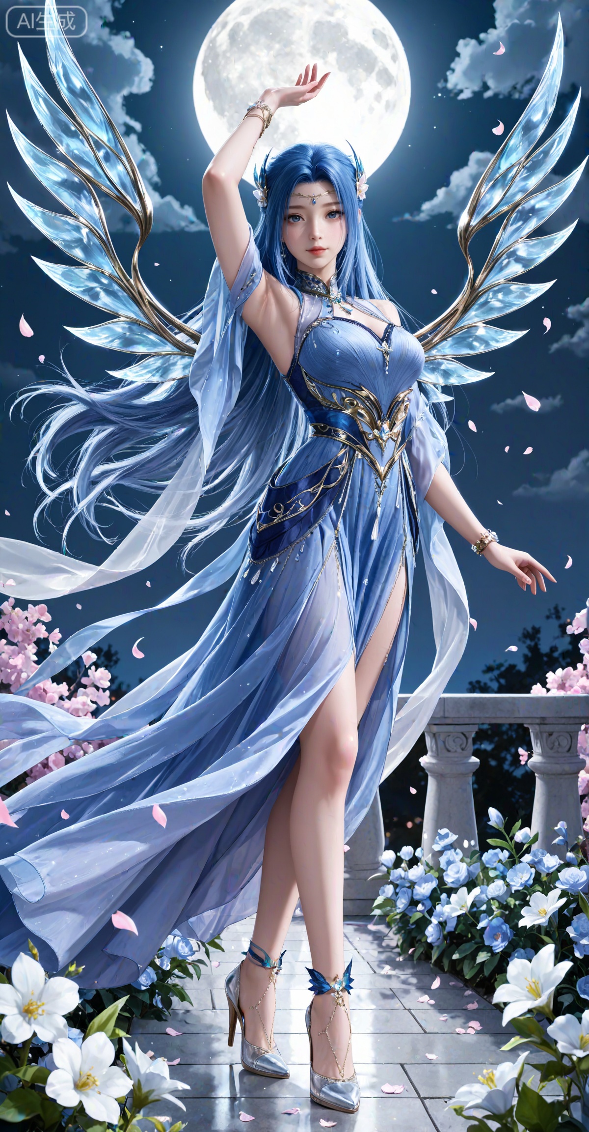 masterpiece,best quality,amazing quality,very aesthetic,high resolution,ultra-detailed,absurdres,photorealistic,(looking at viewer:1.1),,
tangwutong,1girl,long hair,solo,hair ornament,blue hair,blue dress,wings,bracelet,jewelry,blue eyes,
1girl,flower,solo,moon,petals,falling petals,night,hair ornament,high heels,full moon,arm up,dress,from_side