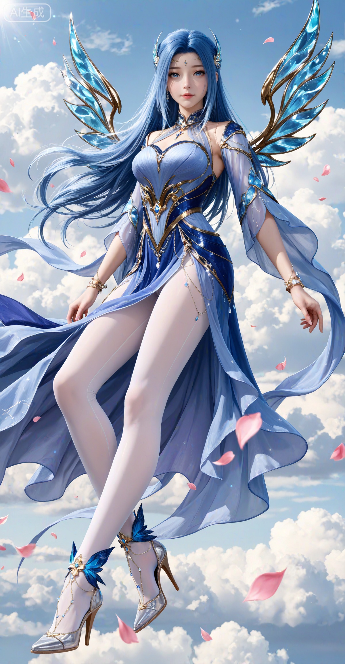masterpiece,best quality,amazing quality,very aesthetic,high resolution,ultra-detailed,absurdres,photorealistic,(looking at viewer:1.1),,
tangwutong,1girl,long hair,solo,hair ornament,blue hair,blue dress,wings,bracelet,jewelry,blue eyes,
cloud,sky,petals,floating,legs,long legs,high_heels,white_pantyhose,