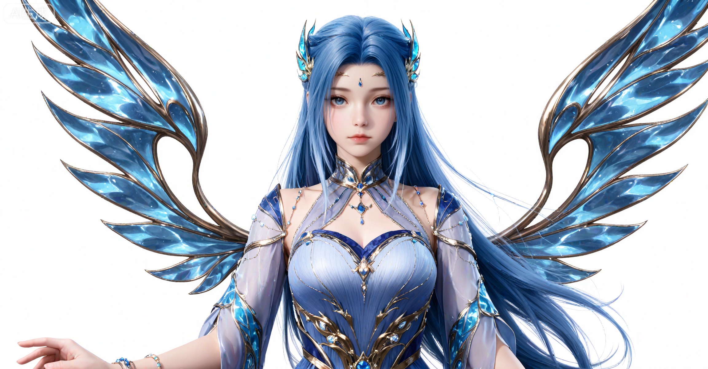masterpiece,best quality,amazing quality,very aesthetic,high resolution,ultra-detailed,absurdres,photorealistic,(looking at viewer:1.1),,
tangwutong,1girl,long hair,solo,hair ornament,blue hair,blue dress,wings,bracelet,jewelry,blue eyes,
tangwutong, 1girl, upper body, blue eyes, solo, long hair, hair ornament, white background, blue hair, wings, dress, looking at viewer, simple background, white dress, closed mouth, expressionless, bare shoulders, blue dress