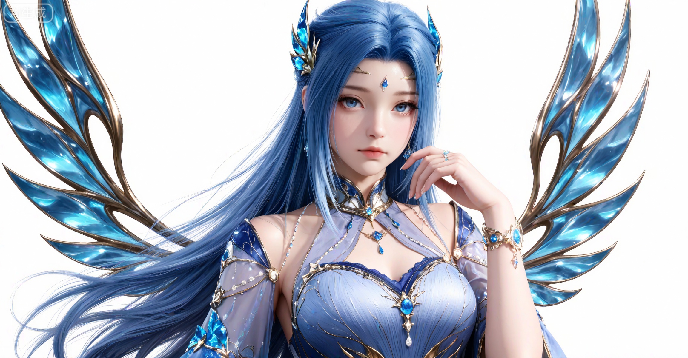 masterpiece,best quality,amazing quality,very aesthetic,high resolution,ultra-detailed,absurdres,photorealistic,(looking at viewer:1.1),,
tangwutong,1girl,long hair,solo,hair ornament,blue hair,blue dress,wings,bracelet,jewelry,blue eyes,
tangwutong, 1girl, upper body, blue eyes, solo, long hair, hair ornament, white background, blue hair, wings, dress, looking at viewer, simple background, white dress, closed mouth, expressionless, bare shoulders, blue dress