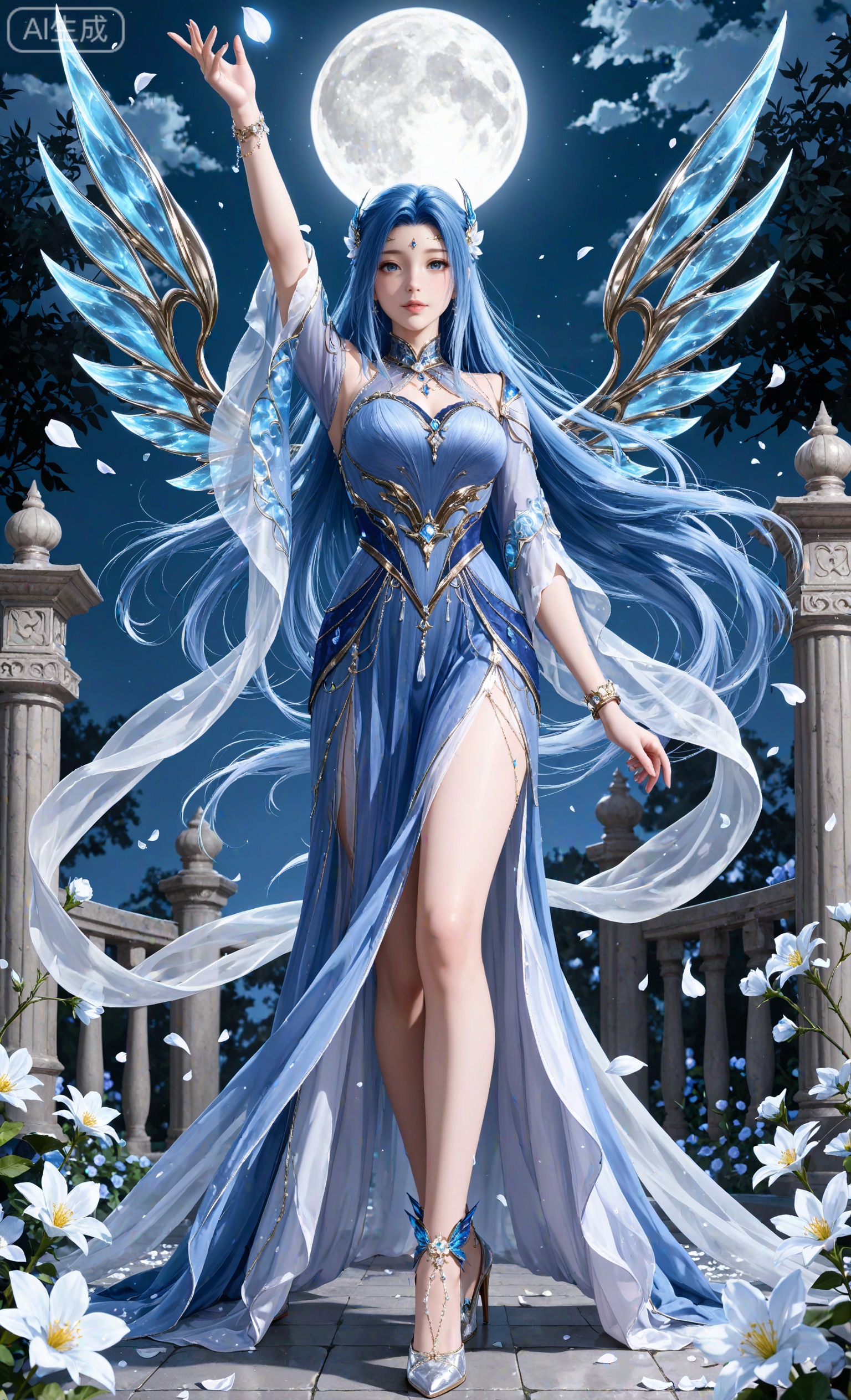 masterpiece,best quality,amazing quality,very aesthetic,high resolution,ultra-detailed,absurdres,photorealistic,(looking at viewer:1.1),,
tangwutong,1girl,long hair,solo,hair ornament,blue hair,blue dress,wings,bracelet,jewelry,blue eyes,
1girl,flower,solo,moon,petals,falling petals,night,hair ornament,high heels,full moon,arm up,dress,