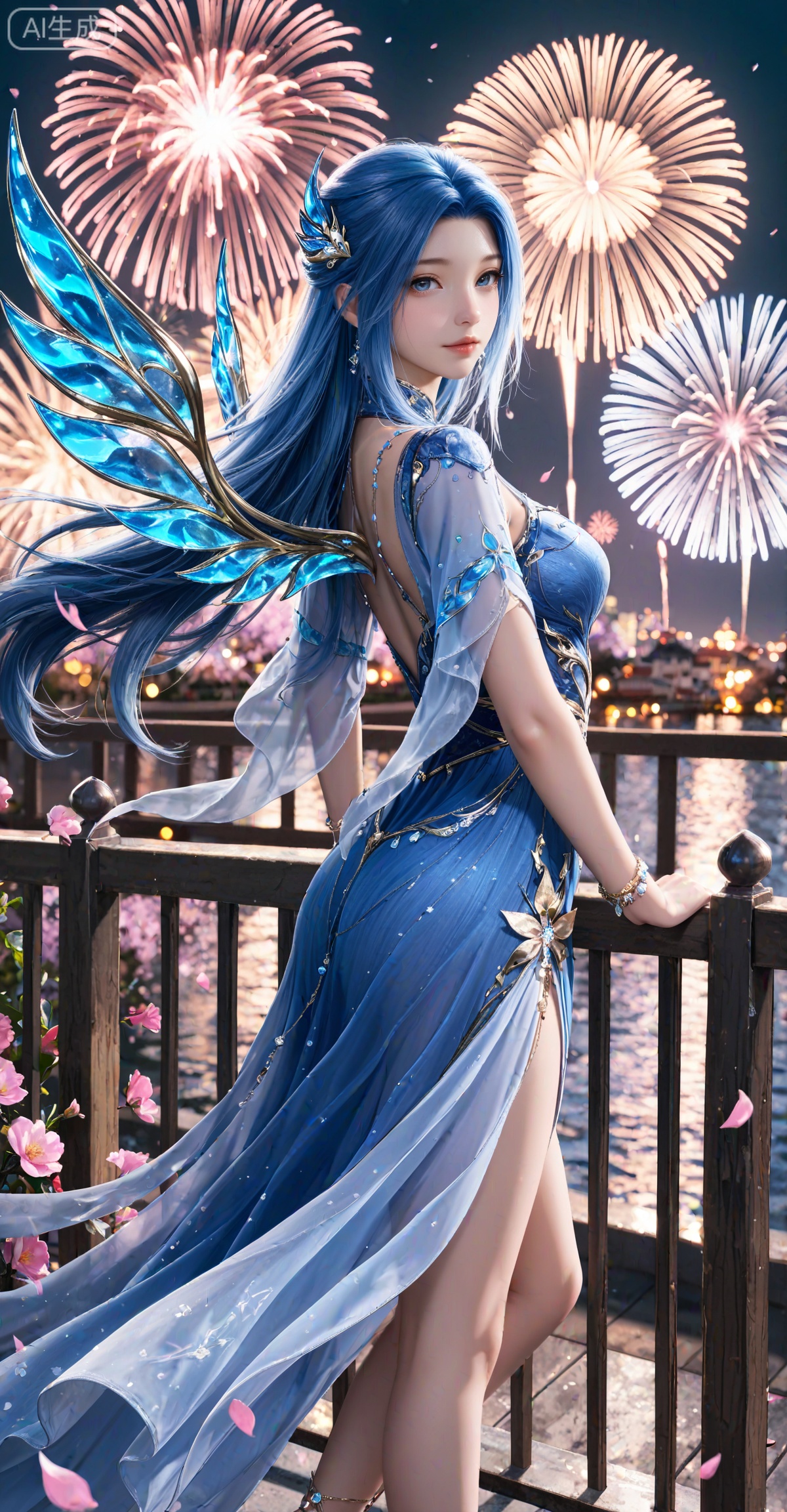 masterpiece,best quality,amazing quality,very aesthetic,high resolution,ultra-detailed,absurdres,photorealistic,(looking at viewer:1.1),,
tangwutong,1girl,long hair,solo,hair ornament,blue hair,blue dress,wings,bracelet,jewelry,blue eyes,
flowers,petals,wind,night,fireworks,railing,from_side