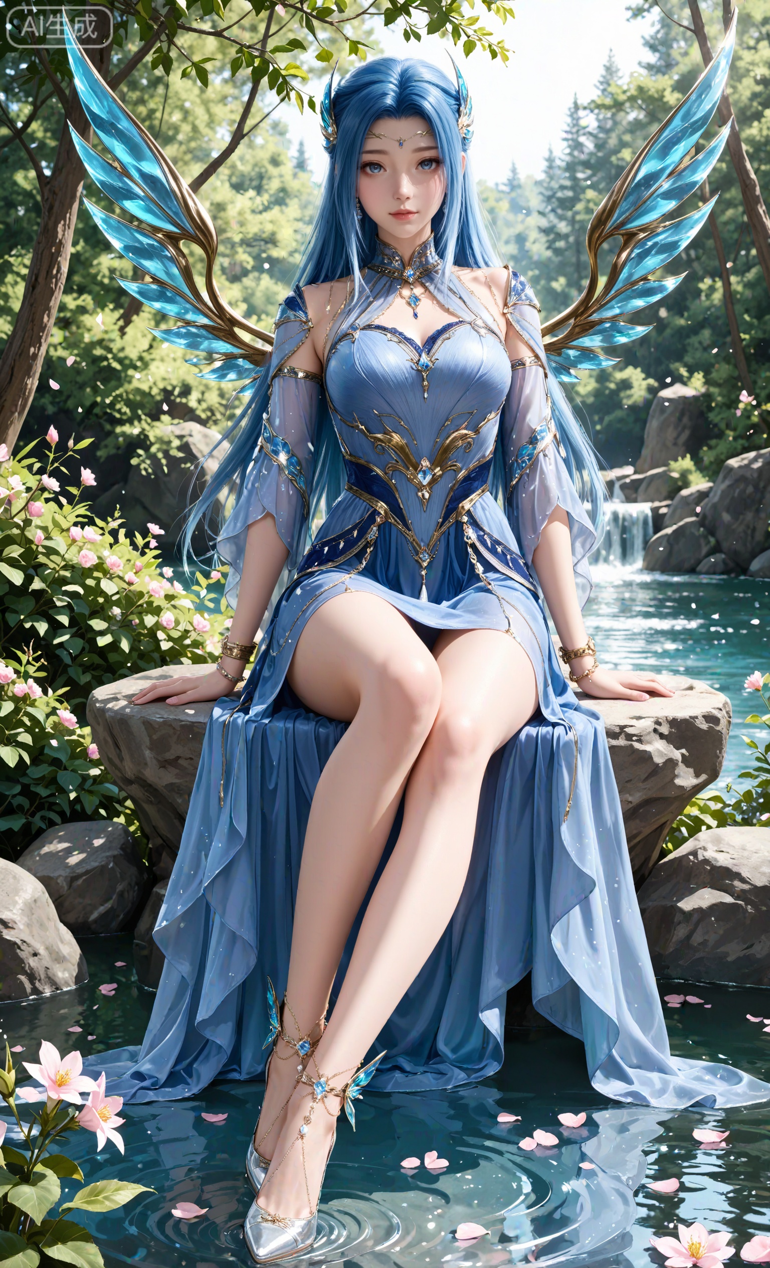 masterpiece,best quality,amazing quality,very aesthetic,high resolution,ultra-detailed,absurdres,photorealistic,(looking at viewer:1.1),,
tangwutong,1girl,long hair,high heels,dress,solo,full body,hair ornament,blue hair,blue dress,wings,bracelet,jewelry,blue eyes,bare legs,looking at viewer,detached sleeves,legs,
flower,petals,sitting,day,water,nature,