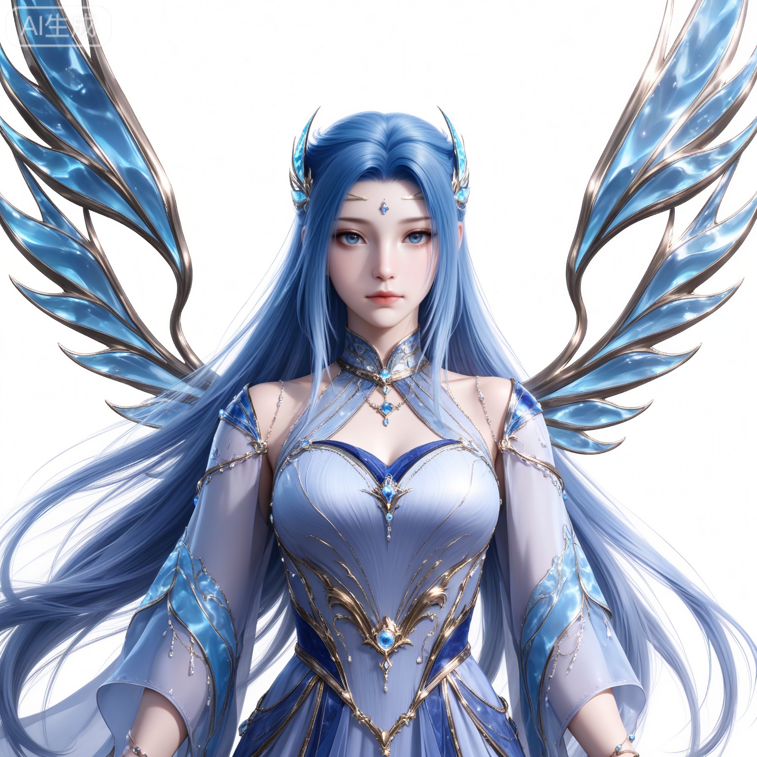 lvjing,
masterpiece,high quality,tall,game cg,highres,(soft light:1.2),white_skin,(realistic:1.1), tangwutong,1girl,long hair,solo,hair ornament,blue hair,blue dress,wings,bracelet,jewelry,blue eyes, tangwutong, 1girl, upper body, blue eyes, solo, long hair, hair ornament, white background, blue hair, wings, dress, looking at viewer, simple background, white dress, closed mouth, expressionless, bare shoulders, blue dress