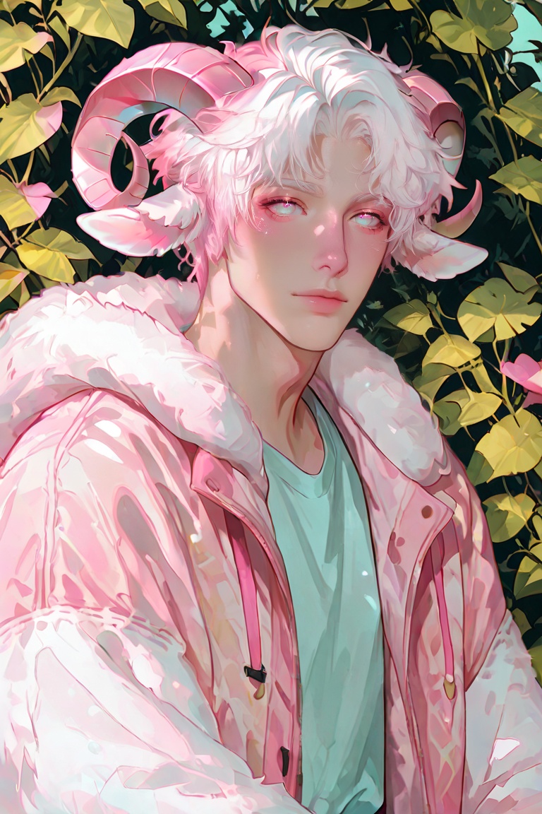 Create a vibrant,  pink-themed illustration featuring a lone boy with white hair and short,  pink-hued hair. He has animal...