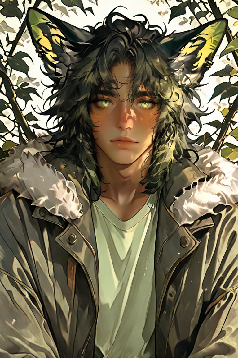 A solo male with dark messy hair and piercing green eyes looks directly at the viewer,  fox ears twitching atop his head,...