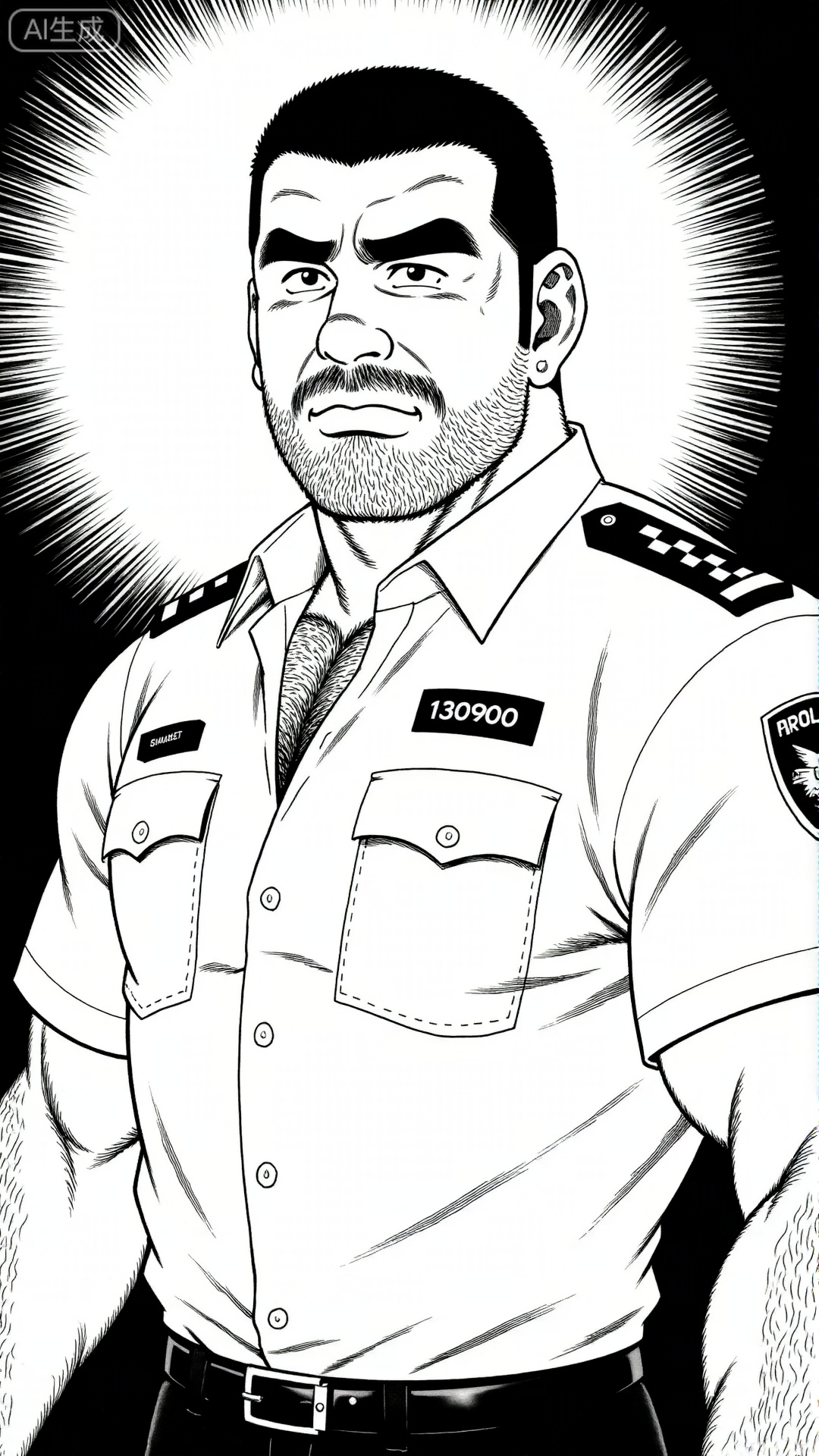 This is a black and white cartoon style character painting, in which a man is dressed in police uniform and has a highly tense face: under thick black eyebrows are wide open eyes, exuding authority and alertness, with thick and layered beard that spreads from the chin to the cheeks, and a serious expression. His police uniform is rich in details, with the number "130900" on his left chest, a black and white checkered shoulder patch, a badge pattern on his left arm, and a wing shaped badge on his chest; Under the police uniform, chest hair can be faintly seen, and the arm muscles are well-developed with thick hair. The black belt is tightly wrapped around the waist, making the figure even more robust. The background is reinforced with radial lines to enhance visual impact, and the contrast between pure white and pure black gives the characters a strong sense of oppression. The overall style is a typical tough guy comic technique, conveying the sense of power and justice of a "majestic police officer" through exaggerated muscle shaping, delicate clothing textures, and strong light and shadow contrast. This type of image is commonly seen in male oriented police and gangster themed comics, and is an artistic expression of power and authority.