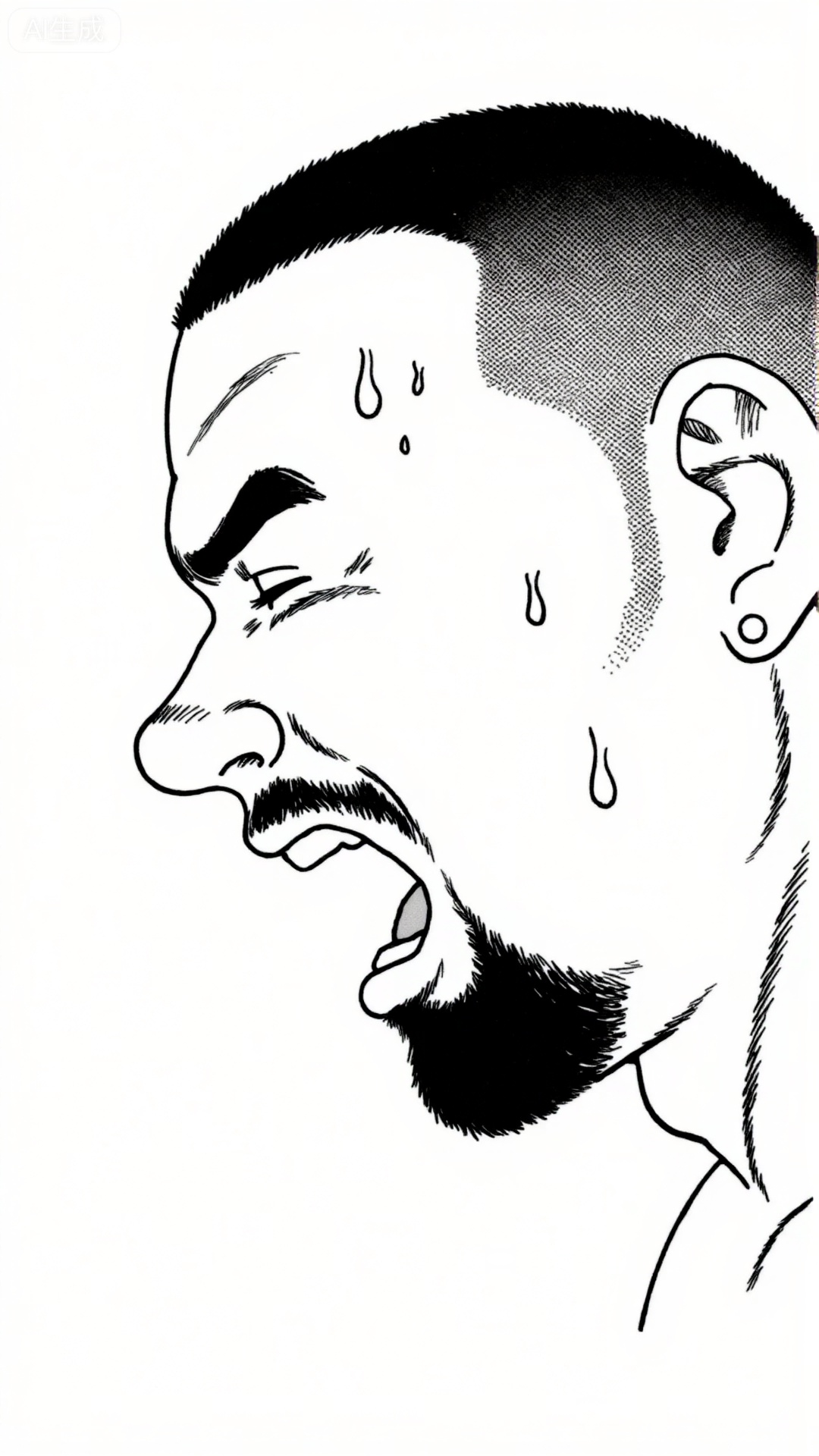 comic

The profile of the male's face

depicted in black and white comics

with his eyes tightly closed and his mouth wide open

as if shouting

suggests that the man is both comfortable and painful during sexual intercourse. Sweat clearly dripped from his face

indicating that his emotions were strong or his physical exertion was significant. This man has a thick dark beard and a small mustache

and his hair is short and black.

