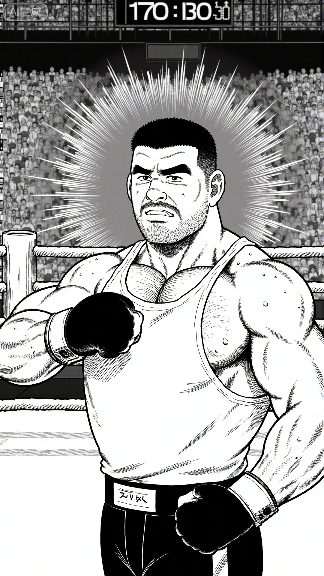 This is a cartoon about boxing. The muscular boxer is wearing a white vest, black boxing shorts, and black boxing gloves. His face and back are covered with sweat beads. He has short hair and a thick beard. His expression is resolute and fierce. The picture is set in a boxing ring, with ropes and ring pillars visible. The background shows "170:10:30" The scoreboard and the crowd in the audience hall with the same words restore the intense competitive atmosphere of a boxing match. The work uses fine lines to depict the details of muscle texture and sweat beads, and uses radial lines to enhance the impact of the punch. It is a typical expression method of tough guy comics. It is often used in the creation of boxing-themed male cartoons. It uses exaggerated dynamics and detailed light and shadow to convey the sense of power and competitive tension of boxing.