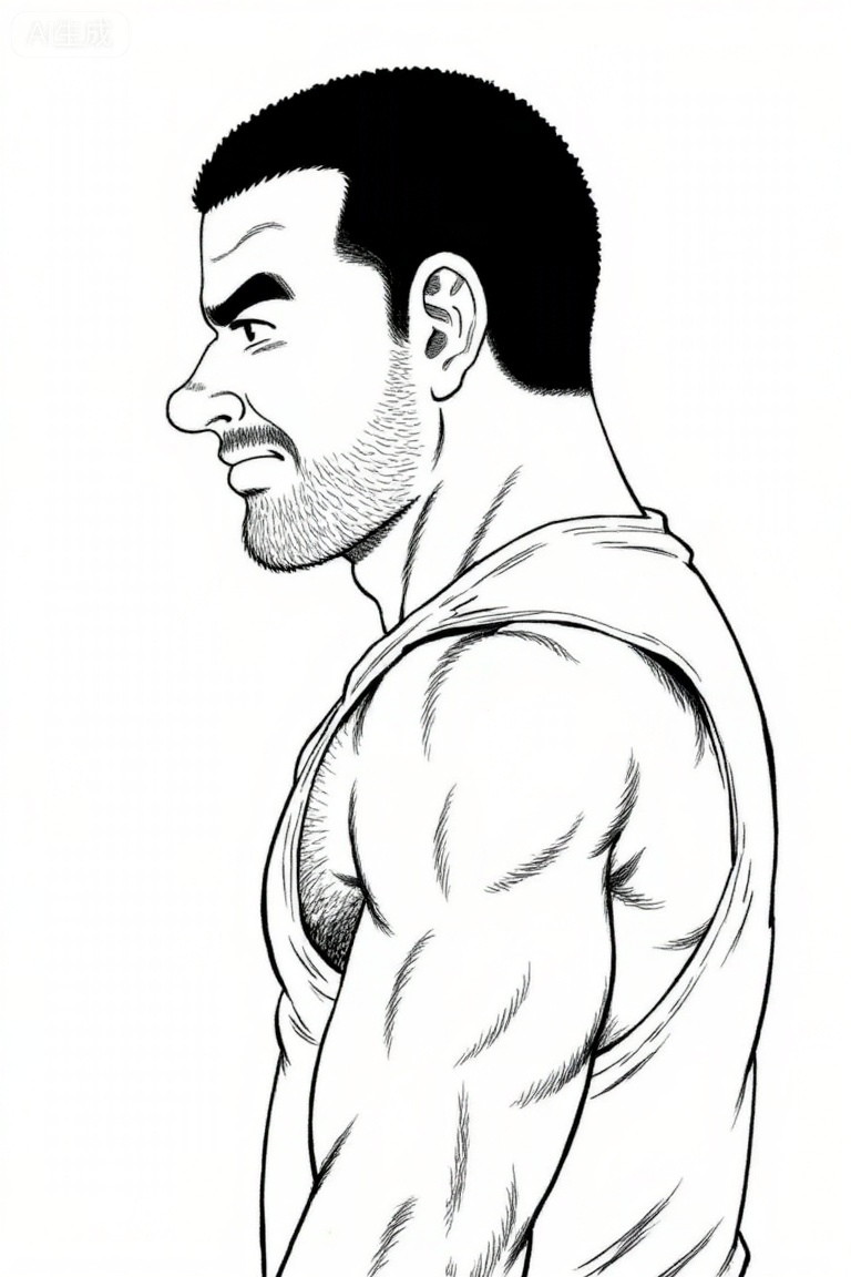 This is a cartoon depicting a muscular man with short hair, dark hair, and beard, presented from the side. His expression is serious and tense, with his mouth slightly open and his eyes focused on the left side; The body muscles have distinct lines, and fine shadows strengthen the muscle contours of the chest and arms. Wearing a sleeveless shirt, the overall style adopts typical tough guy comic techniques, highlighting the sense of strength with fine lines and light and shadow, conveying the character's resolute or alert temperament. This is commonly seen in male oriented movements and strength themed creations.