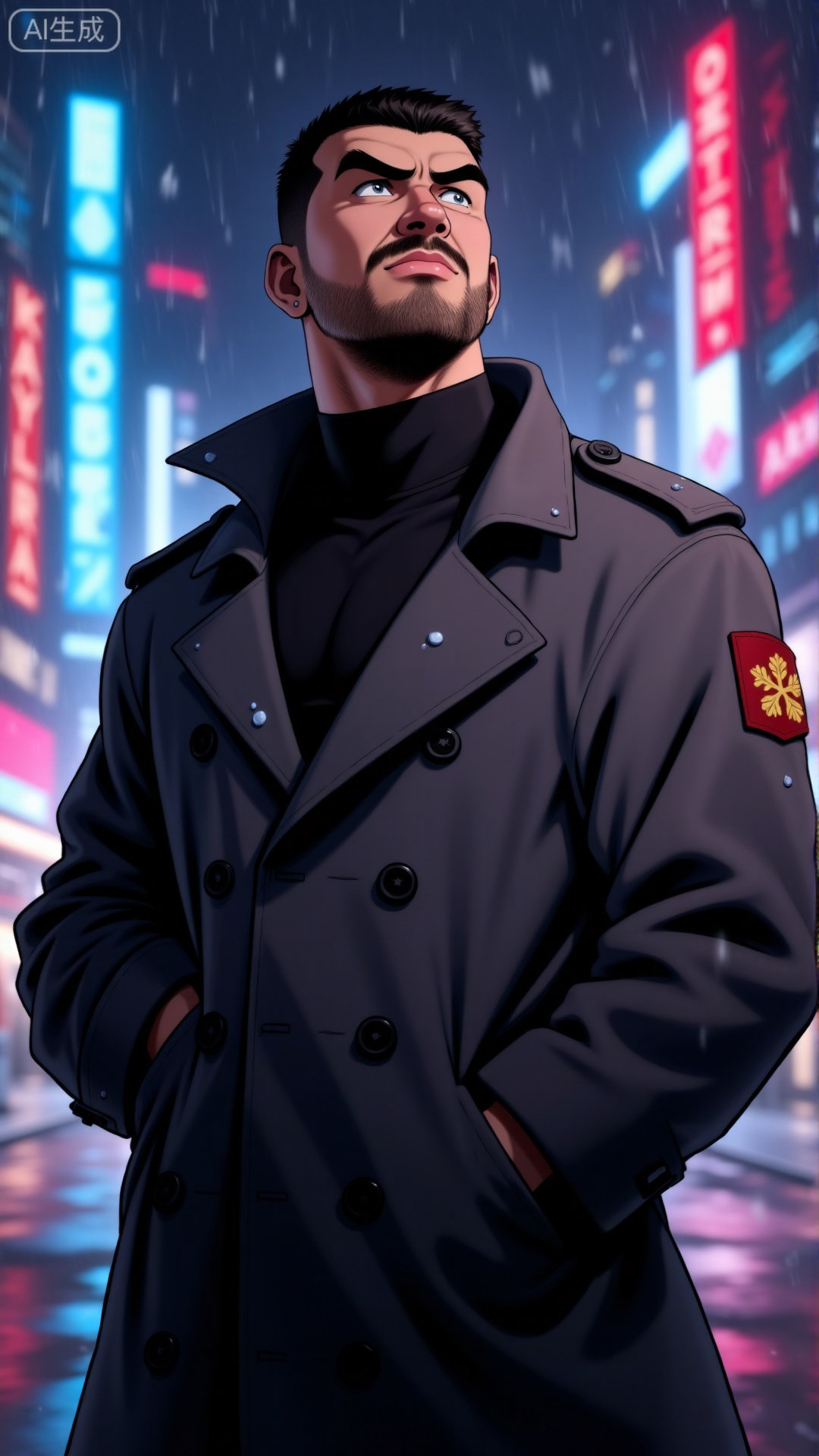 A male character stands in a city environment with rainy nights and flashing neon lights. He has short black hair and neatly trimmed beard. His expression was serious and intense

he looked up with his head raised

his brow furrowed

and his mouth tightly closed. He was wearing a dark

oversized high neck windbreaker and shoulder patches. This coat has button details with water droplets and snowflakes indicating weather conditions. The background is filled with blurry

colorful neon lights in shades of blue

red

and pink

creating a bustling urban landscape

