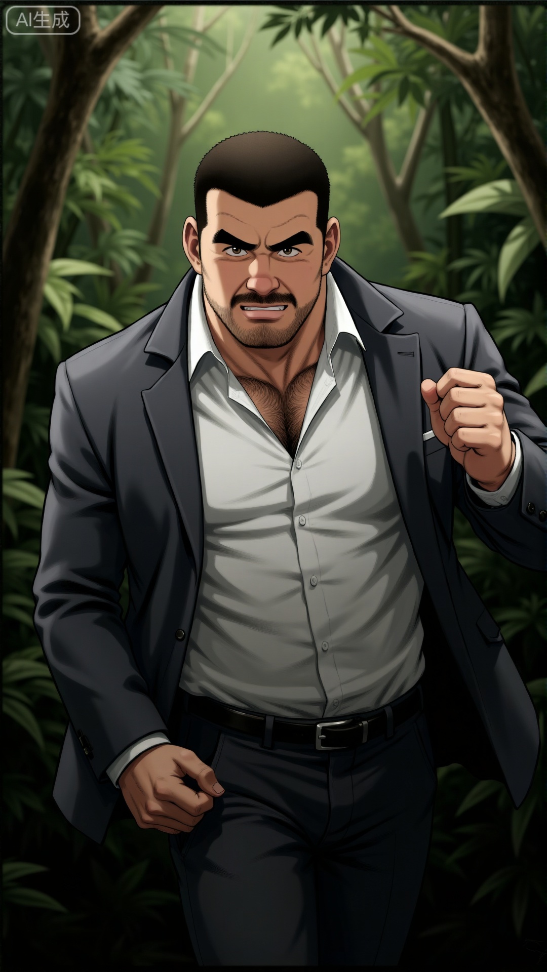1man, temperamental man, deep in the jungle, a man is wearing a police detective suit jacket and a white shirt. He has a heavy expression and is panting to chase someone.,tgywl