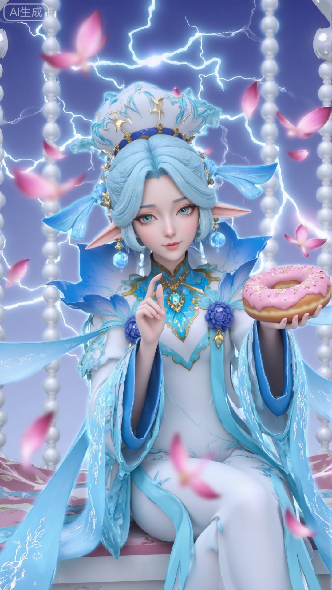 Dish hair, petals, sparkling lightning background, light blue phantom background, light blue lightning, halo, surrounding lightning, crystal bead curtain background, blueberry ocean.
Blue hair, upper body, long skirt, clear crystal swing, the highest quality, delicate CG, water drops on hair, beautiful goddess, sparkling stars, close-up, delicate face, delicate lips, delicate eyes, delicate nose, surrounded by pale blue-purple butterflies, crystal clear light blue-purple crystals, falling rose petals, clothes dotted with sparkling diamonds and pearls,1 girl, solo, smile, dress, blue hair, long skirt, hair accessories, hat, jewelry, green eyes, blue hair, earrings, pointed ears, wide sleeves, moles, eyes under moles, ancient costumes, streamers attached to clothes.sitting position,Sitting, exquisite sitting posture,Updo,Holding a big, shallow, light blue doughnut in both hands.Delicate doughnuts, delicate hands around doughnuts