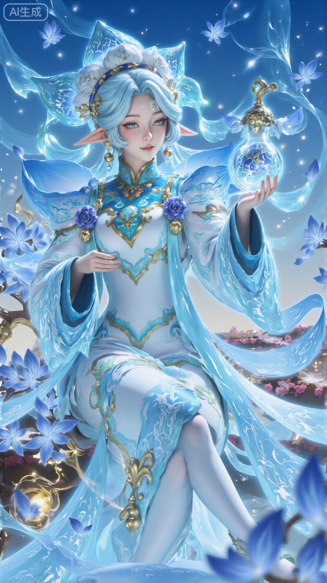 This painting depicts a quiet and ethereal scene, in which a girl in a light blue costume sits quietly in a shallow light blue flower in full bloom. She wears a delicate ball on her flowing long hair. She is holding a wine gourd. He seems to be in a state of deep relaxation or meditation. Next to her, there are two wine jars projecting warm light, which enhances the quiet atmosphere. The background is light blue plants and flowers, creating a harmonious integration of nature and human survival. Soft lighting and soft colors give people a quiet and beautiful feeling. Open your eyes and hold a huge wine gourd in your hand.