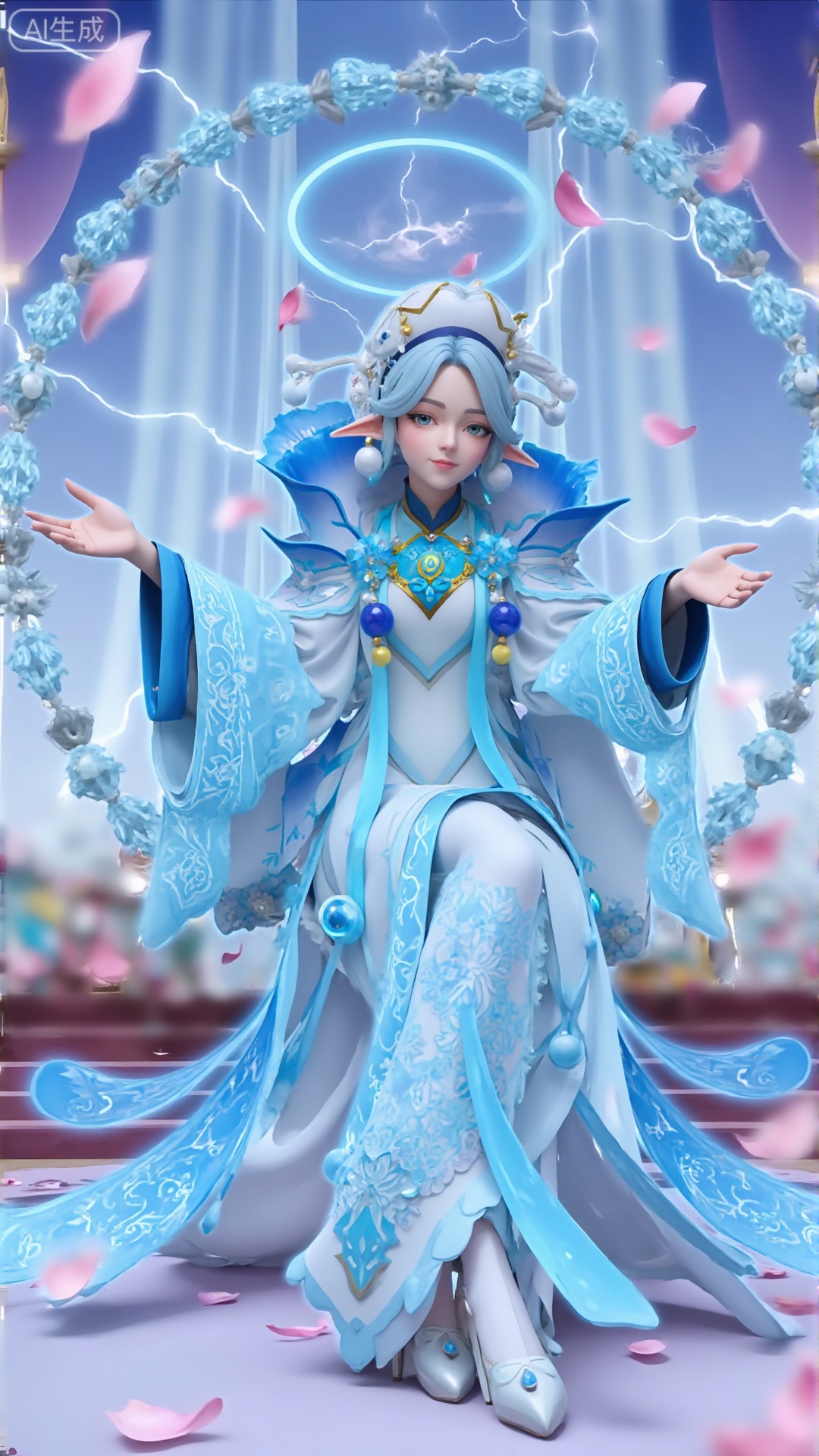 Dish hair, petals, sparkling lightning background, light blue phantom background, light blue lightning, halo, surrounding lightning, crystal bead curtain background, blueberry ocean.
Blue hair, upper body, long skirt, clear crystal swing, the highest quality, delicate CG, water drops on hair, beautiful goddess, sparkling stars, close-up, delicate face, delicate lips, delicate eyes, delicate nose, surrounded by pale blue-purple butterflies, crystal clear light blue-purple crystals, falling rose petals, clothes dotted with sparkling diamonds and pearls,1 girl, solo, smile, dress, blue hair, long skirt, hair accessories, hat, jewelry, green eyes, blue hair, earrings, pointed ears, wide sleeves, moles, eyes under moles, ancient costumes, streamers attached to clothes.sitting position,Sitting, exquisite sitting posture,Updo