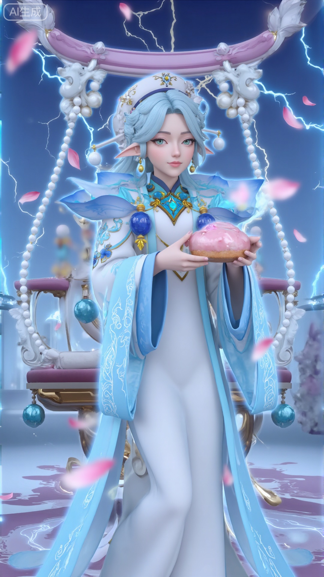 Dish hair, petals, sparkling lightning background, light blue phantom background, light blue lightning, halo, surrounding lightning, crystal bead curtain background, blueberry ocean.
Blue hair, upper body, long skirt, clear crystal swing, the highest quality, delicate CG, water drops on hair, beautiful goddess, sparkling stars, close-up, delicate face, delicate lips, delicate eyes, delicate nose, surrounded by pale blue-purple butterflies, crystal clear light blue-purple crystals, falling rose petals, clothes dotted with sparkling diamonds and pearls,1 girl, solo, smile, dress, blue hair, long skirt, hair accessories, hat, jewelry, green eyes, blue hair, earrings, pointed ears, wide sleeves, moles, eyes under moles, ancient costumes, streamers attached to clothes.sitting position,Sitting, exquisite sitting posture,Updo,Holding a big, shallow, light blue doughnut in both hands.Delicate doughnuts, delicate hands around doughnuts