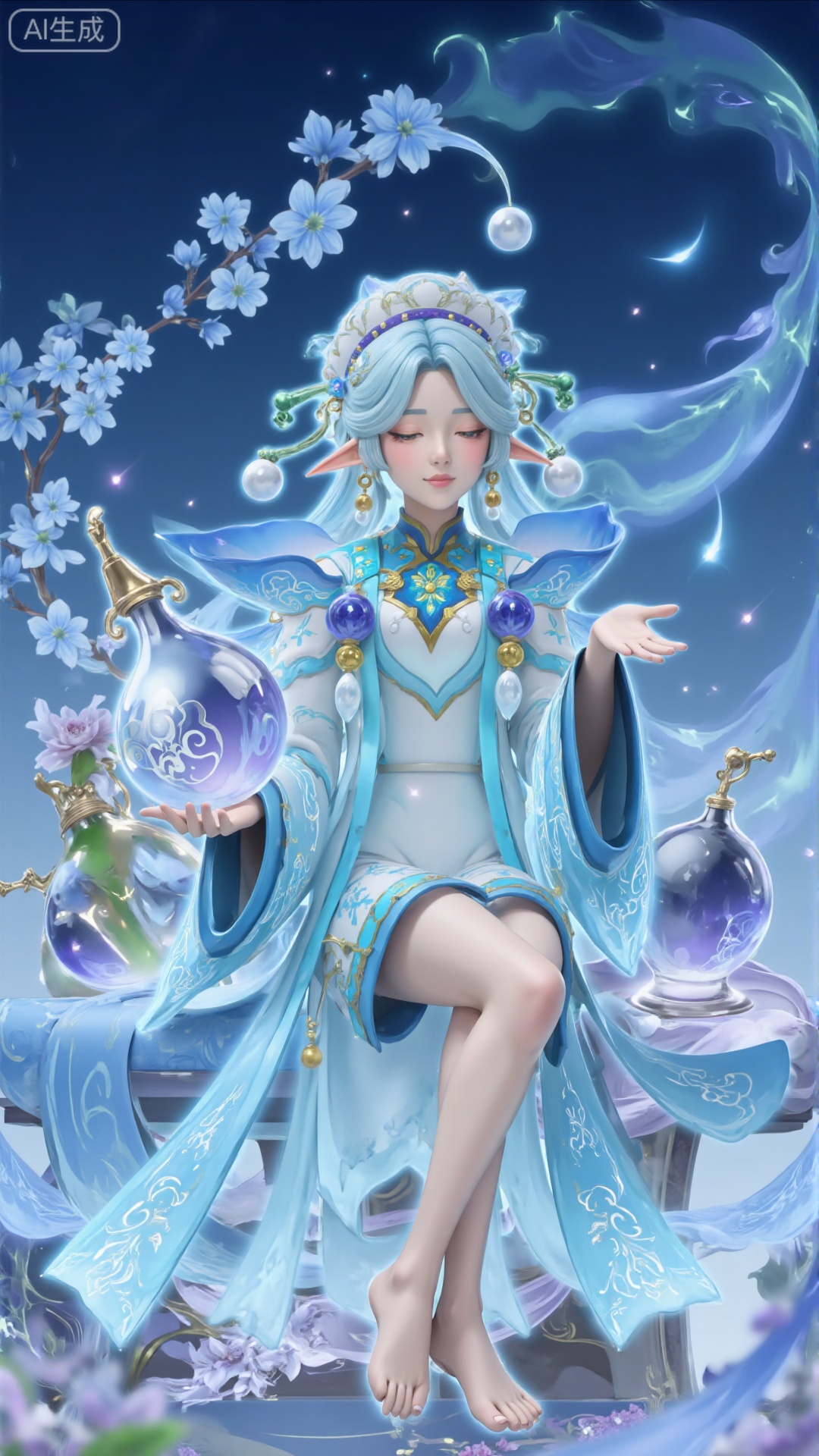 This painting depicts a quiet and ethereal scene, in which a girl in a light blue costume sits quietly in a shallow light blue flower in full bloom. She wears a delicate ball on her flowing long hair. She is holding a wine gourd. He seems to be in a state of deep relaxation or meditation. Next to her, there are two wine jars projecting warm light, which enhances the quiet atmosphere. The background is light blue plants and flowers, creating a harmonious integration of nature and human survival. Soft lighting and soft colors give people a quiet and beautiful feeling. Open your eyes and hold a huge wine gourd in your hand.