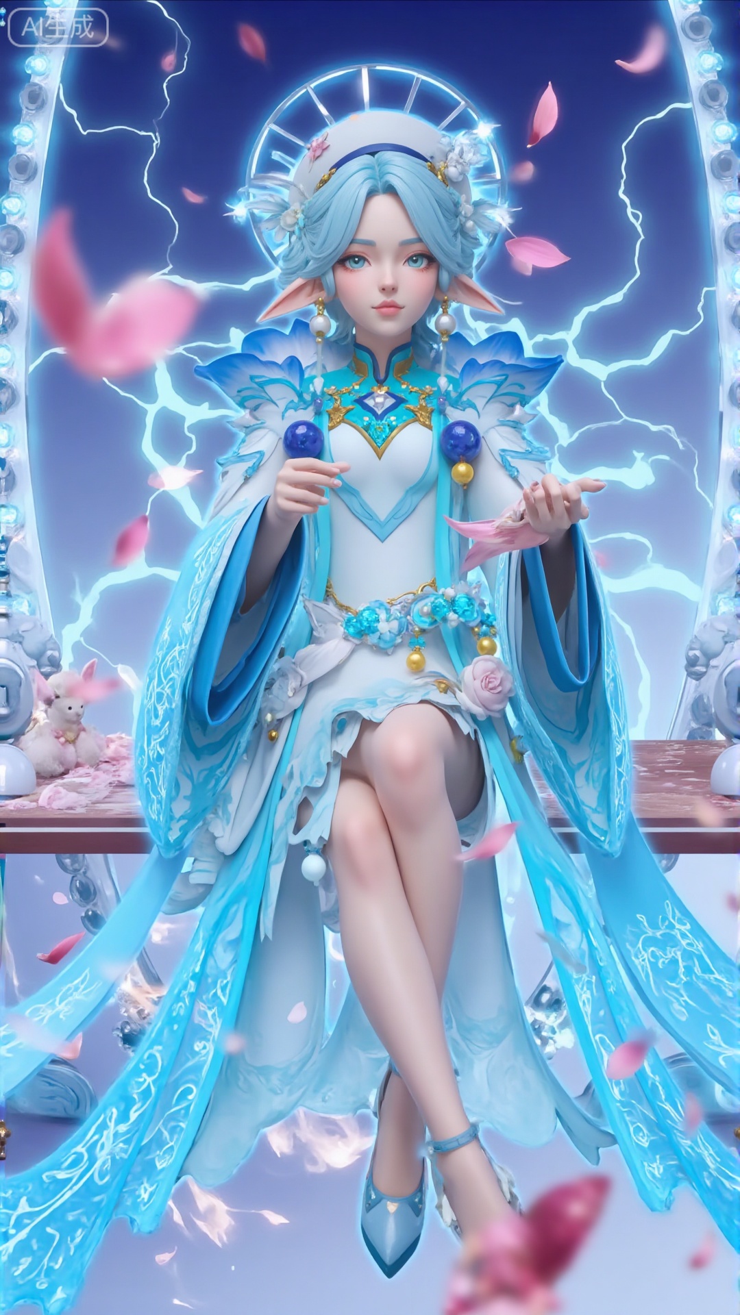 Dish hair, petals, sparkling lightning background, light blue phantom background, light blue lightning, halo, surrounding lightning, crystal bead curtain background, blueberry ocean.
Blue hair, upper body, long skirt, clear crystal swing, the highest quality, delicate CG, water drops on hair, beautiful goddess, sparkling stars, close-up, delicate face, delicate lips, delicate eyes, delicate nose, surrounded by pale blue-purple butterflies, crystal clear light blue-purple crystals, falling rose petals, clothes dotted with sparkling diamonds and pearls,1 girl, solo, smile, dress, blue hair, long skirt, hair accessories, hat, jewelry, green eyes, blue hair, earrings, pointed ears, wide sleeves, moles, eyes under moles, ancient costumes, streamers attached to clothes.sitting position,Sitting, exquisite sitting posture,Updo,Holding a big, shallow, light blue doughnut in both hands.