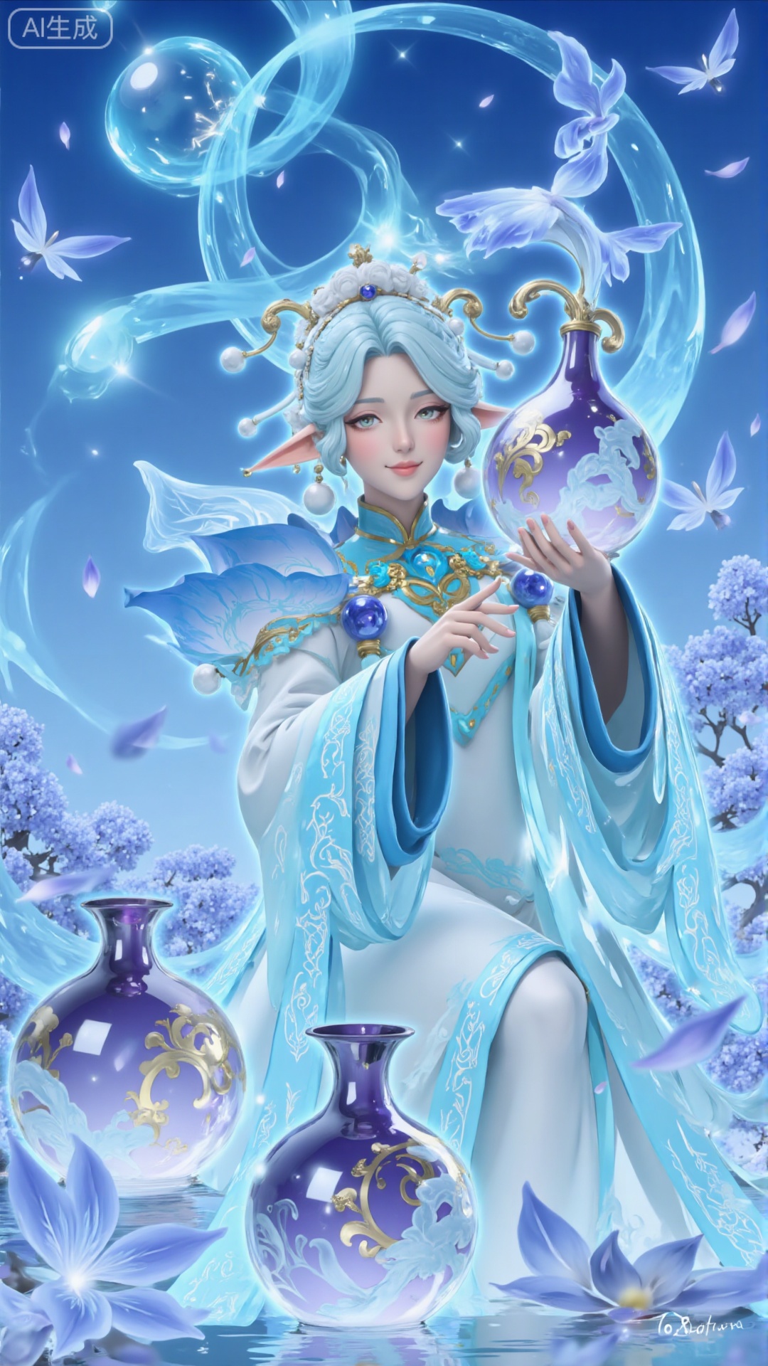 This painting depicts a quiet and ethereal scene, in which a girl in a light blue costume sits quietly in a shallow light blue flower in full bloom. She wears a delicate ball on her flowing long hair. She is holding a wine gourd. He seems to be in a state of deep relaxation or meditation. Next to her, there are two wine jars projecting warm light, which enhances the quiet atmosphere. The background is light blue plants and flowers, creating a harmonious integration of nature and human survival. Soft lighting and soft colors give people a quiet and beautiful feeling. Open your eyes and hold a huge wine gourd in your hand.