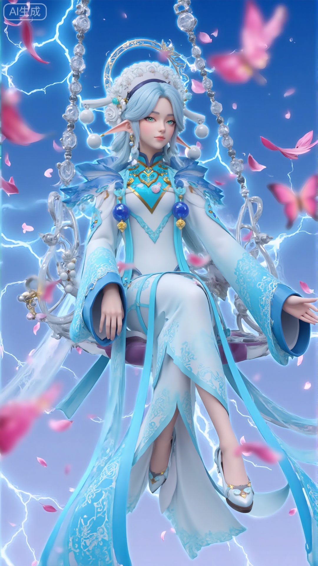 Dish hair, petals, sparkling lightning background, light blue phantom background, light blue lightning, halo, surrounding lightning, crystal bead curtain background, blueberry ocean.
Blue hair, upper body, long skirt, clear crystal swing, the highest quality, delicate CG, water drops on hair, beautiful goddess, sparkling stars, close-up, delicate face, delicate lips, delicate eyes, delicate nose, surrounded by pale blue-purple butterflies, crystal clear light blue-purple crystals, falling rose petals, clothes dotted with sparkling diamonds and pearls,1 girl, solo, smile, dress, blue hair, long skirt, hair accessories, hat, jewelry, green eyes, blue hair, earrings, pointed ears, wide sleeves, moles, eyes under moles, ancient costumes, streamers attached to clothes.sitting position,Sitting, exquisite sitting posture