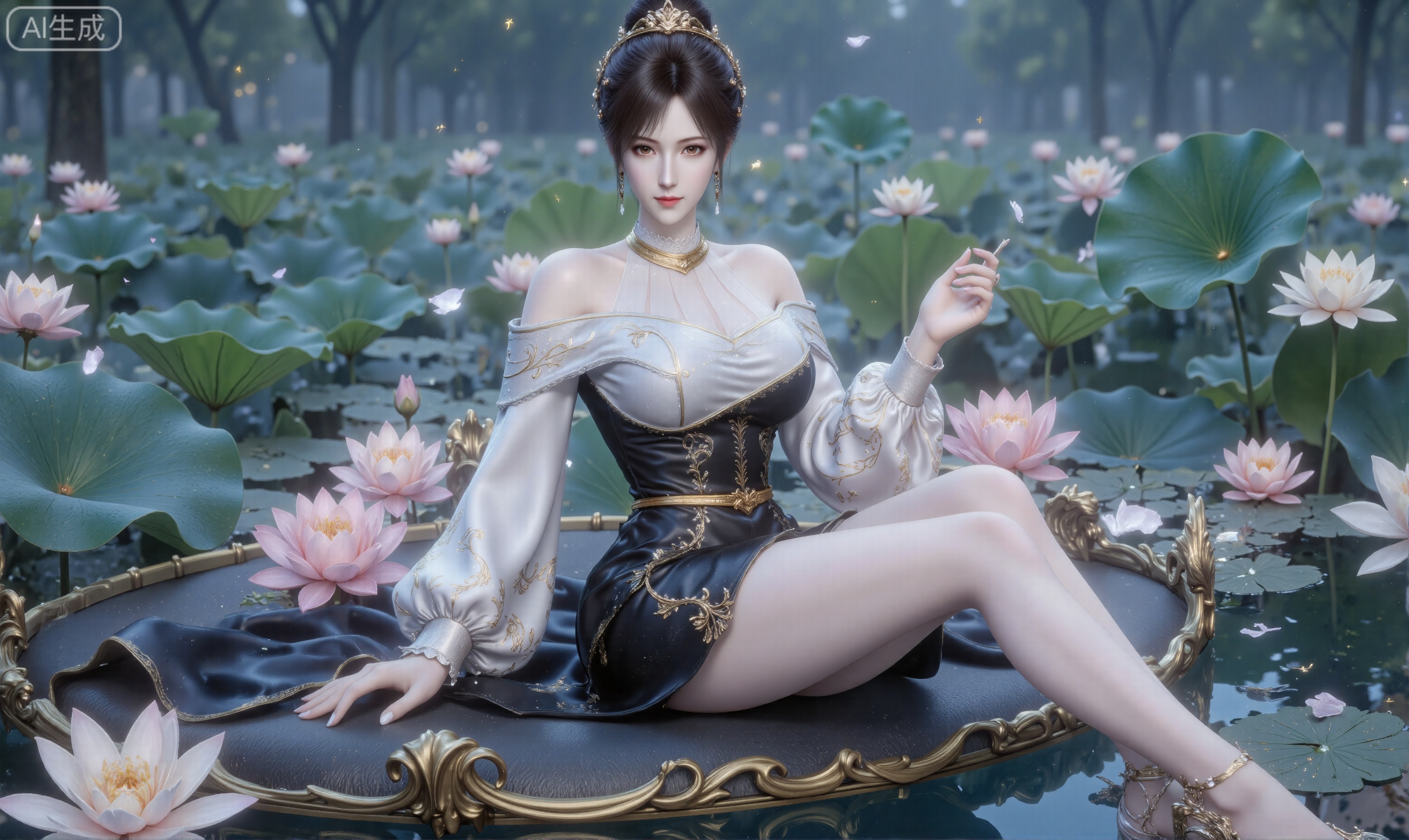 A gentle breeze carries the fragrance of lotus blossoms as Xiao Bai reclines upon a floating raft of lily pads, her  white and black gown cascading like liquid starlight. The jet black hair is tied into a bun, the twelve-jade hairpin's pendants waltzing with falling cherry petals. Sheer stockings trace the elegant lines of her legs, while pearl-encrusted shoes skim the emerald waters, conjuring gilded ripples.updo,long legs,fair skin,long legs,black silk stockings,rain

﻿
Shot from beneath the lotus leaves, the 8K resolution crystallizes her reflection amidst the sakura blizzard. When zephyrs caress the scene, the frame reveals stardust swirling in her moon-drop earrings and the 360 hidden lotus blossoms embroidered with celestial silk unfurling in slow motion.
sitting,xiaobai,embossed high heels,dark blue plns_high heels,c-hd,,huaxiangr