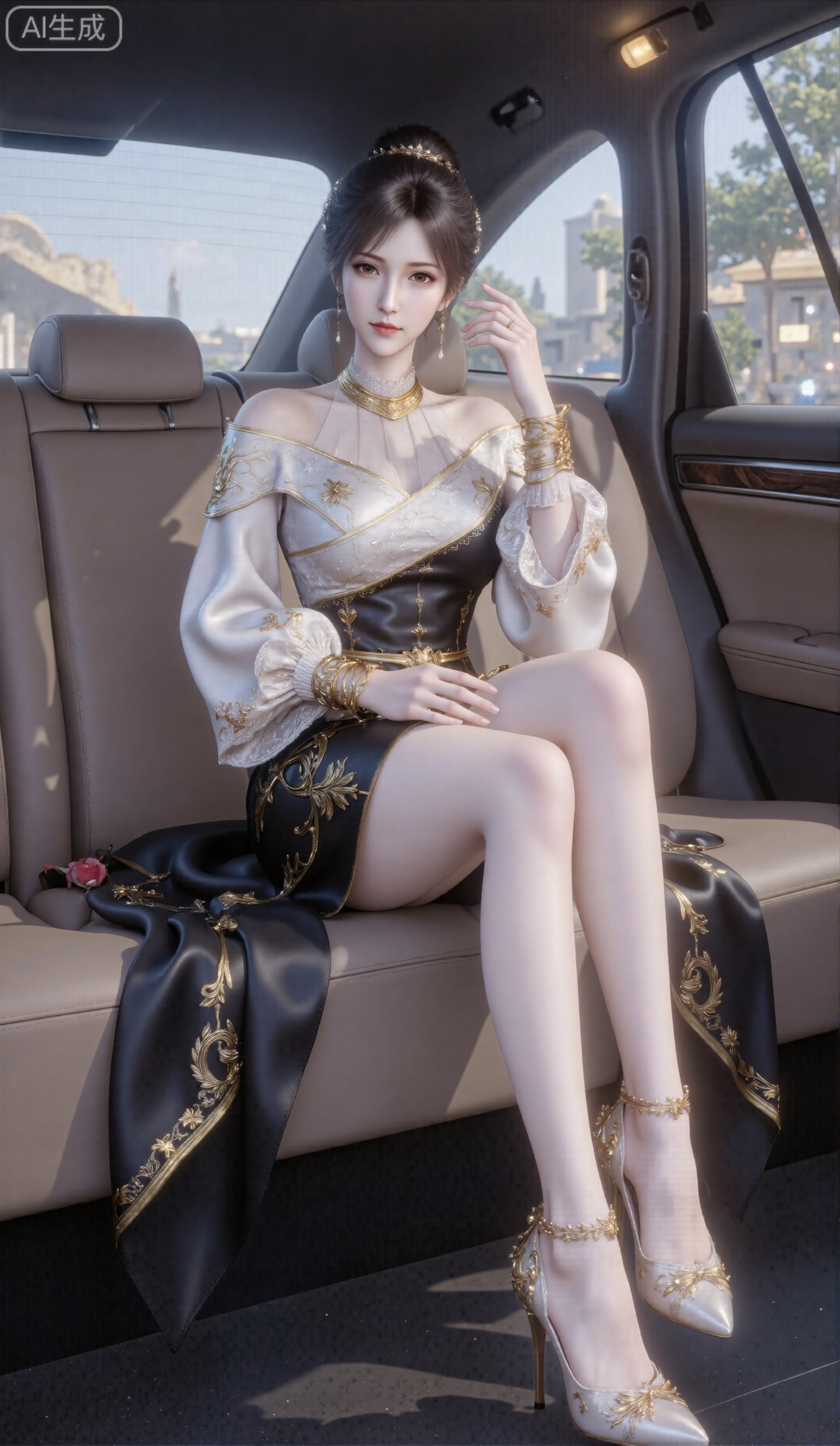 Masterpiece, Wallpaper. Young woman with black updo and delicate hair accessories between her hair. The makeup is exquisite and the lips are bright. She wore a Classical cheongsam , and gold bracelets on her wrists. Sitting on the brown leather seats of the car, the background is the outdoor view outside the window, creating a stylish and elegant atmosphere, medium view. high-heeled shoes, ,embossed high heels,plns_high heels,,long legs,fair skin,long legs,sunshine,white and black dress