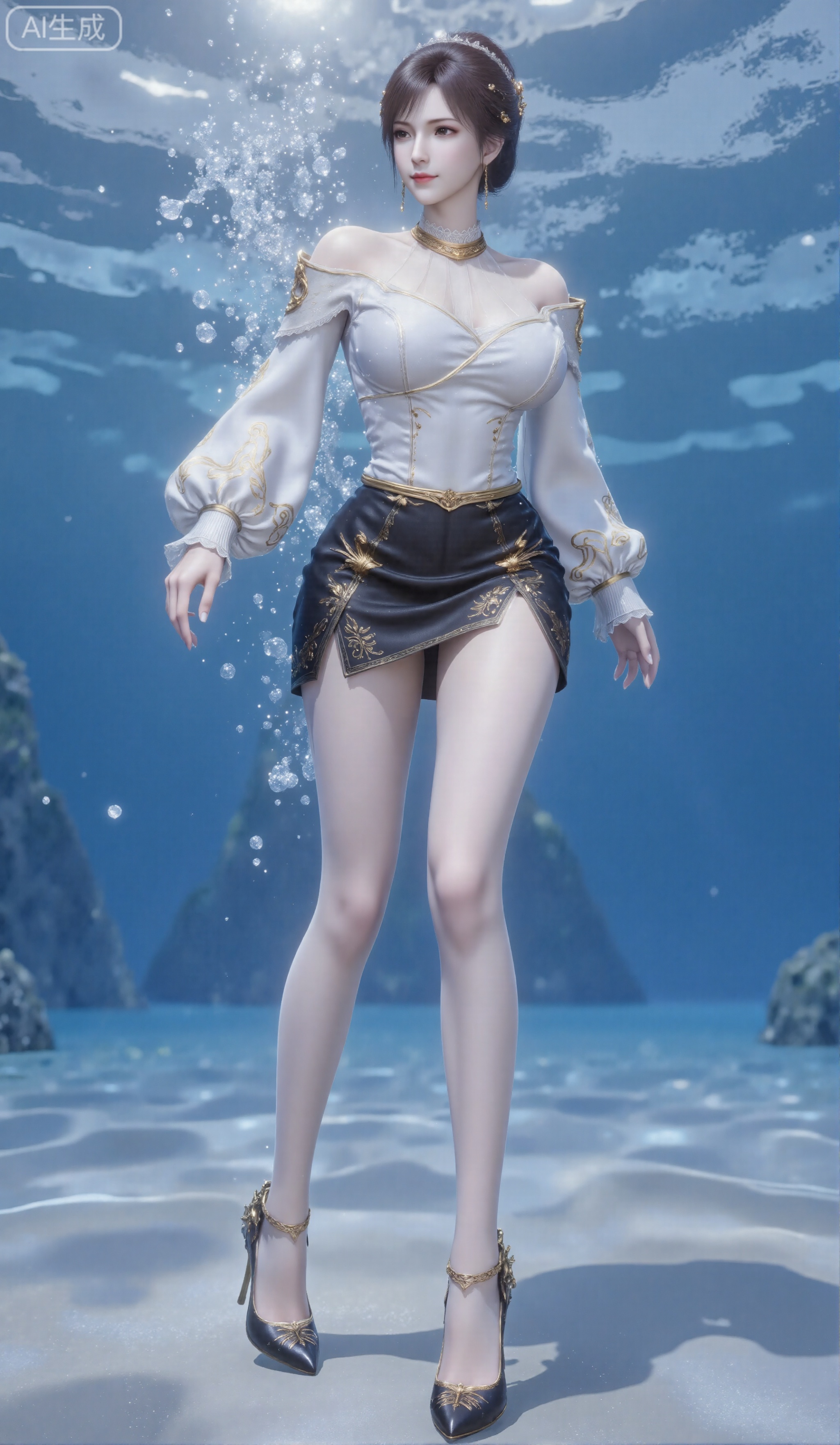 Masterpiece, the best quality, high quality, (colorful) , huge breasts,,(black hair:1.4),(very long legs:1.3),smile,  solo, white and black skirt, skirt, knee-length skirt, looking at audience, high heels, leaning forward, full-length, realistic, long-sleeved, bubbles, foam, underwater, looking at audience, grinning, brunette, water, updo, swimming, underwater, ,huaxiangr,embossed high heels,plns_high heels,,swimming stroke,long legs,fair skin,long legs,black silk stockings,sunshine