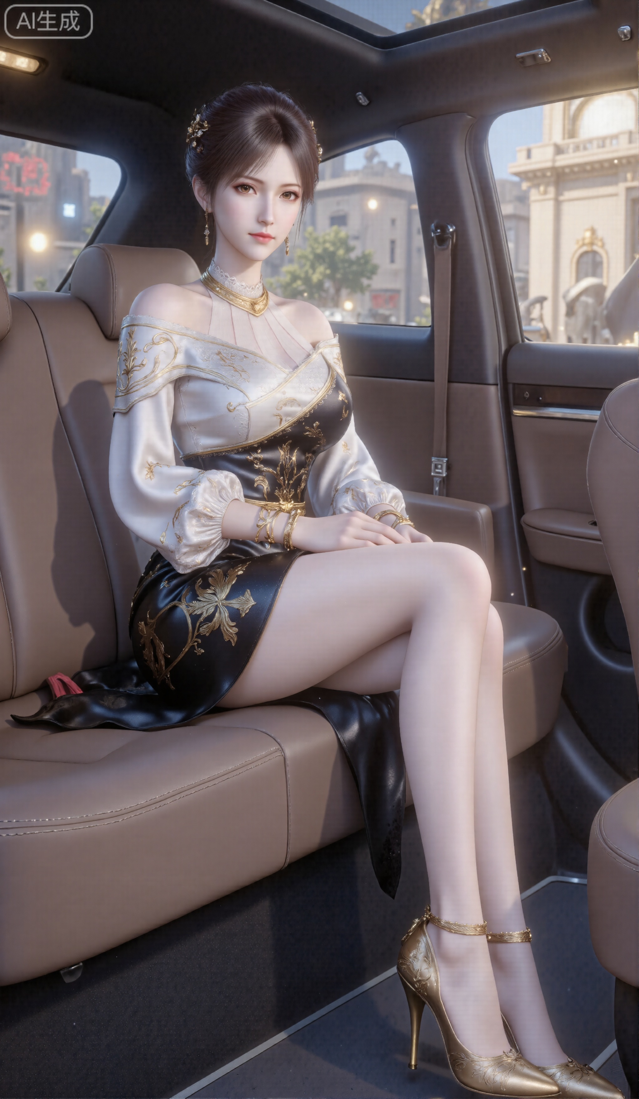 Masterpiece, Wallpaper. Young woman with black updo and delicate hair accessories between her hair. The makeup is exquisite and the lips are bright. She wore a Classical cheongsam , and gold bracelets on her wrists. Sitting on the brown leather seats of the car, the background is the outdoor view outside the window, creating a stylish and elegant atmosphere, medium view. high-heeled shoes, ,embossed high heels,plns_high heels,,long legs,fair skin,long legs,sunshine,white and black dress