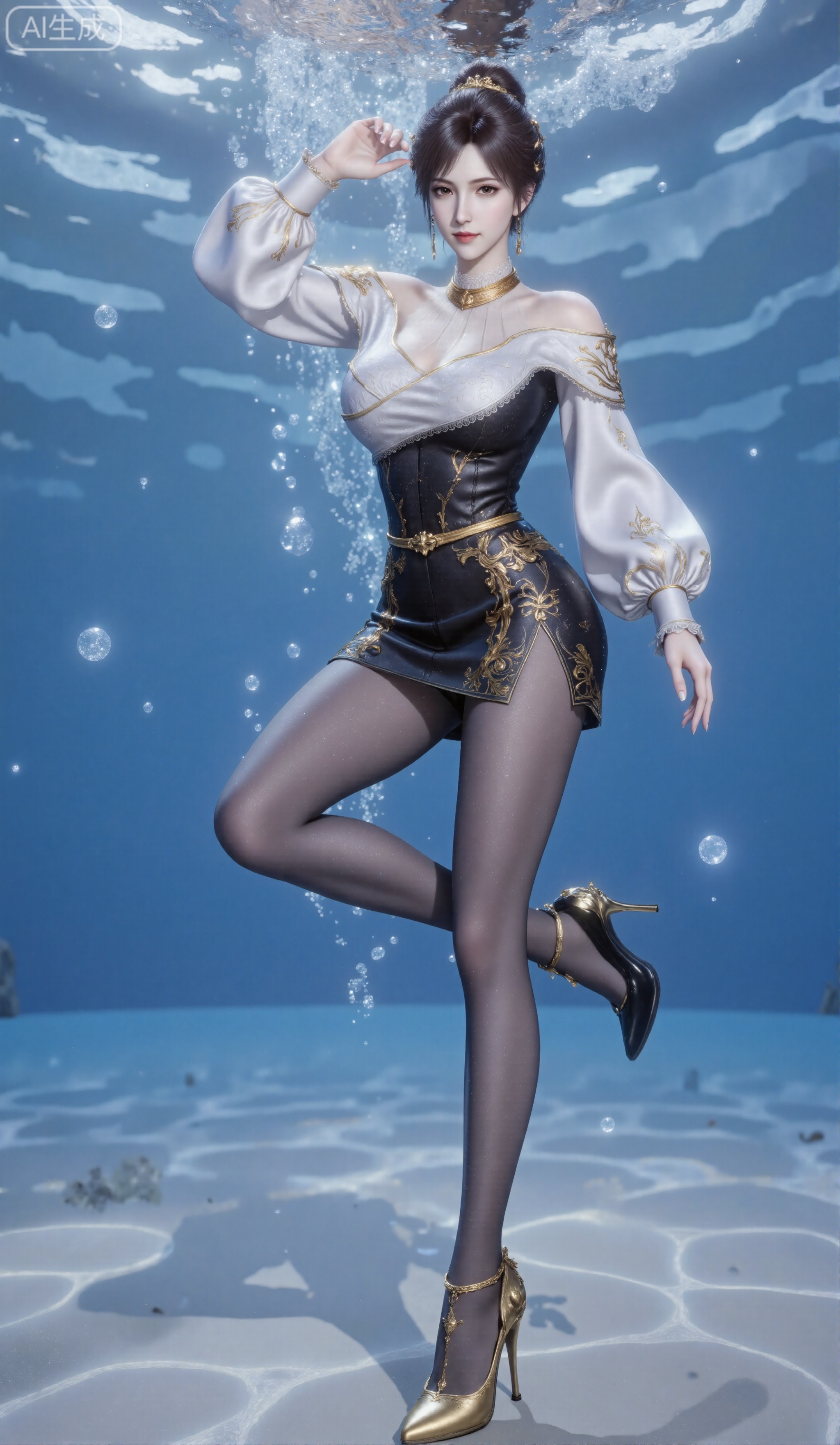 Masterpiece, the best quality, high quality, (colorful) , huge breasts,,(black hair:1.4),(very long legs:1.3),smile,  solo, white and black skirt, skirt, knee-length skirt, looking at audience, high heels, leaning forward, full-length, realistic, long-sleeved, bubbles, foam, underwater, looking at audience, grinning, brunette, water, updo, swimming, underwater, ,huaxiangr,embossed high heels,plns_high heels,,swimming stroke,long legs,fair skin,long legs,black silk stockings,sunshine