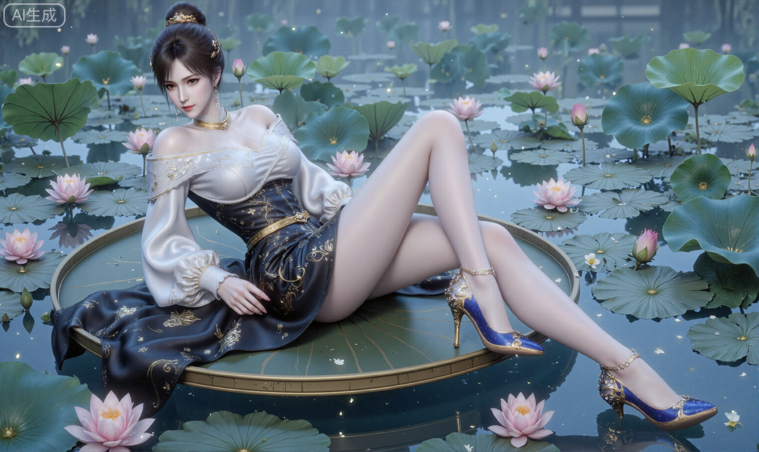A gentle breeze carries the fragrance of lotus blossoms as Xiao Bai reclines upon a floating raft of lily pads, her  white and black gown cascading like liquid starlight. The jet black hair is tied into a bun, the twelve-jade hairpin's pendants waltzing with falling cherry petals. Sheer stockings trace the elegant lines of her legs, while pearl-encrusted shoes skim the emerald waters, conjuring gilded ripples.updo,long legs,fair skin,long legs,black silk stockings,rain

﻿
Shot from beneath the lotus leaves, the 8K resolution crystallizes her reflection amidst the sakura blizzard. When zephyrs caress the scene, the frame reveals stardust swirling in her moon-drop earrings and the 360 hidden lotus blossoms embroidered with celestial silk unfurling in slow motion.
sitting,xiaobai,embossed high heels,dark blue plns_high heels,c-hd,,huaxiangr