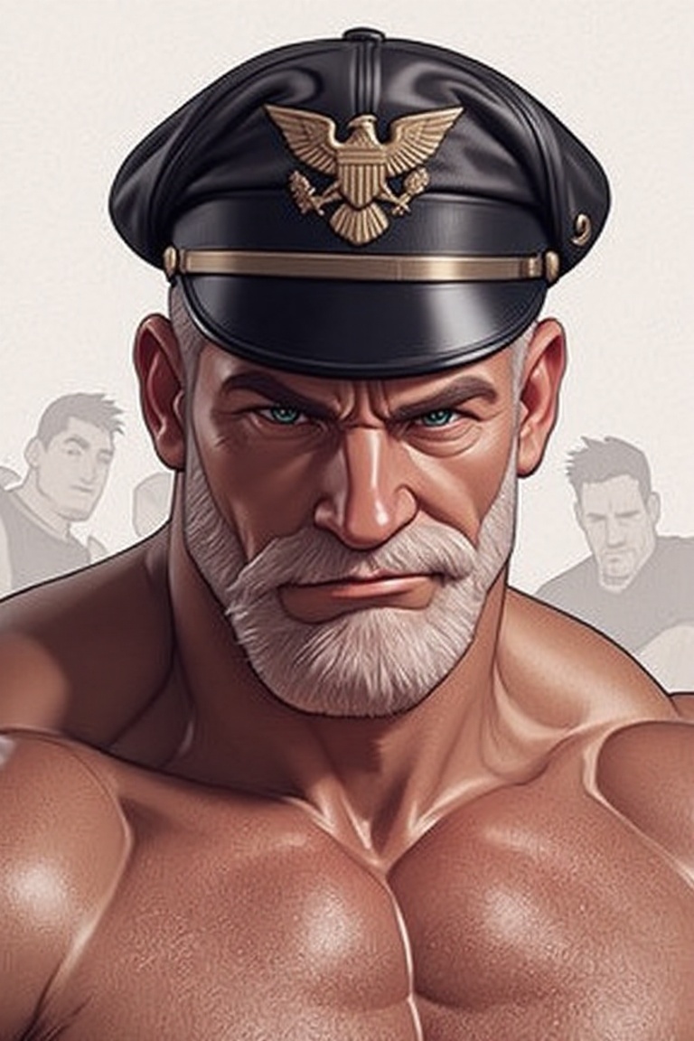The image depicts a muscular man with a white beard and mustache,  wearing a black leather cap adorned with an eagle emble...