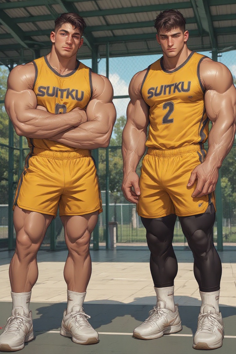 The image depicts two animated characters standing side by side on a sports court. Both characters are wearing matching ba...
