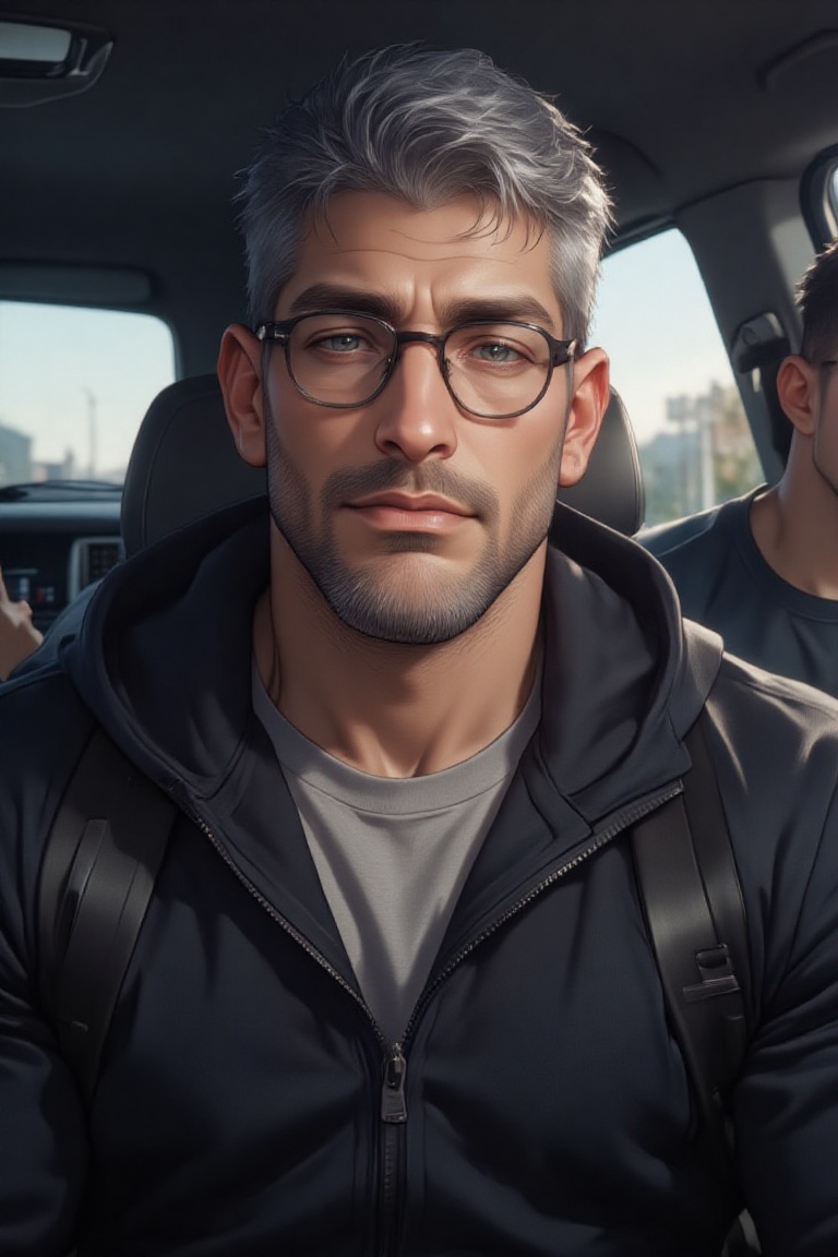 The image shows a person with graying hair and a beard,  wearing glasses and a dark-colored sweater over a light gray t-sh...