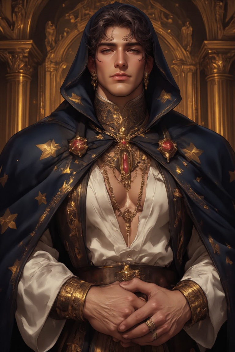 The image depicts a figure dressed in elaborate,  medieval-style clothing. The individual is wearing a dark blue cloak ado...