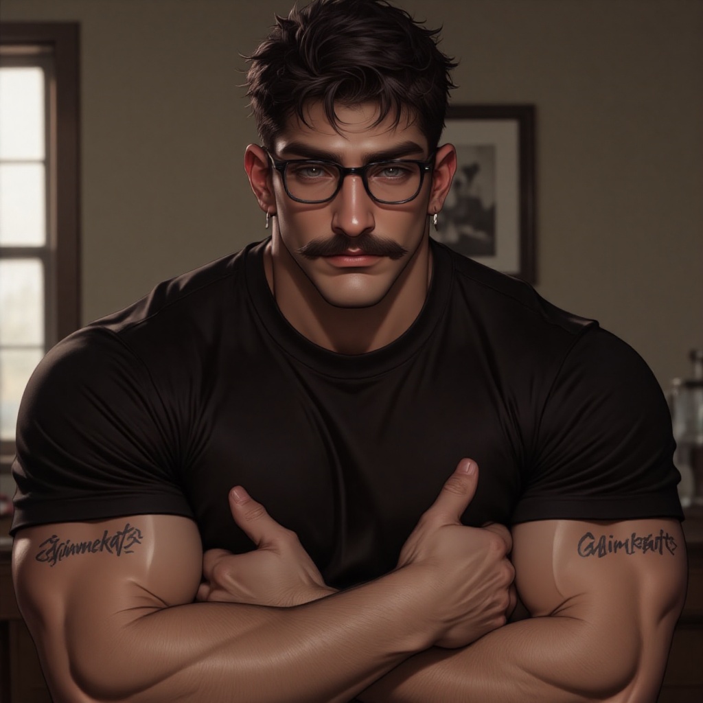 The image depicts a man with short,  dark hair and a prominent mustache,  wearing large black-rimmed glasses. He is dresse...
